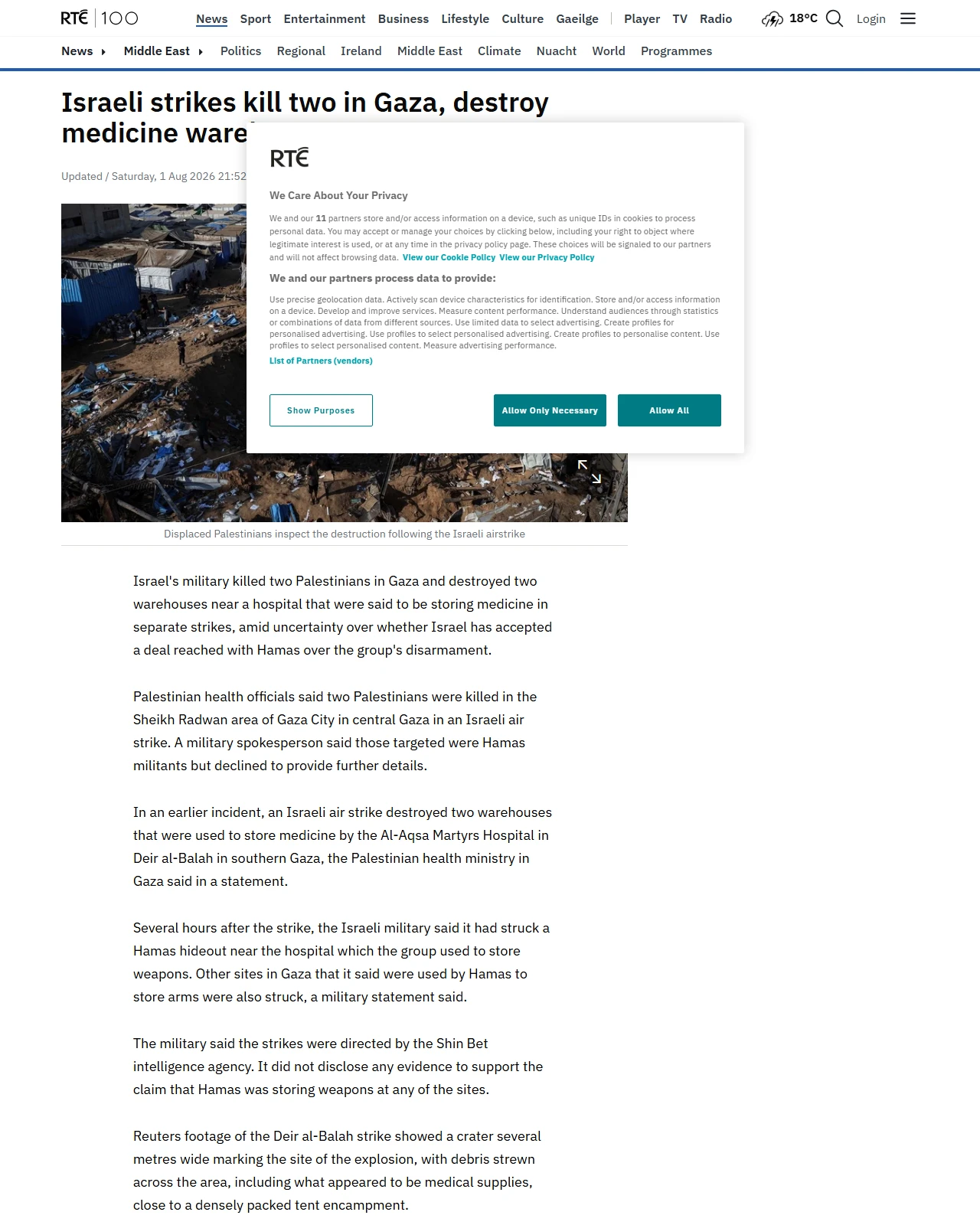 rte.ie as published: Israeli strikes kill two in Gaza, destroy warehouses