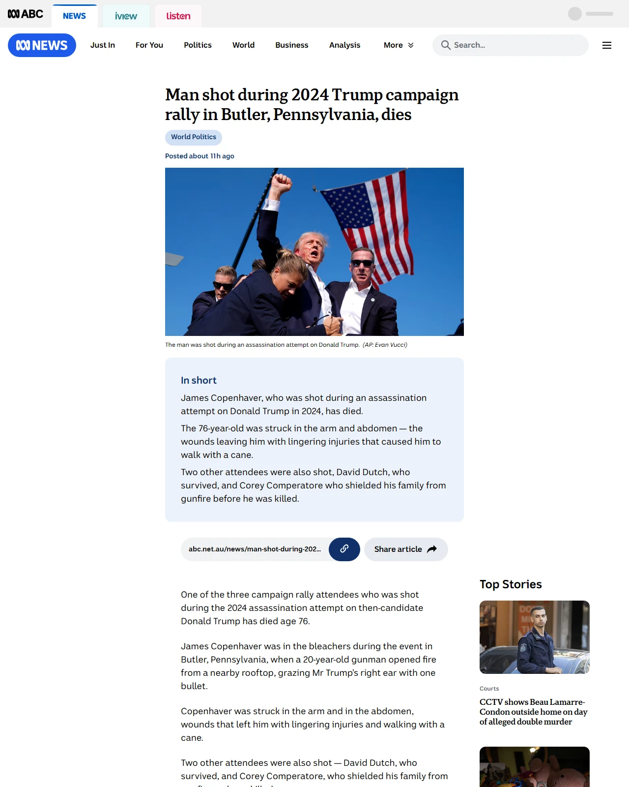 abc.net.au as published: Man shot during Trump assassination attempt at 2024 rally dies - ABC News & Headlines – Australian Broadcasting Corporation