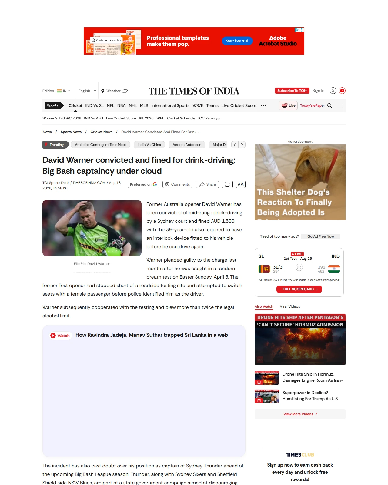 timesofindia.indiatimes.com as published: David Warner convicted and fined for drink-driving; Big Bash captaincy under cloud