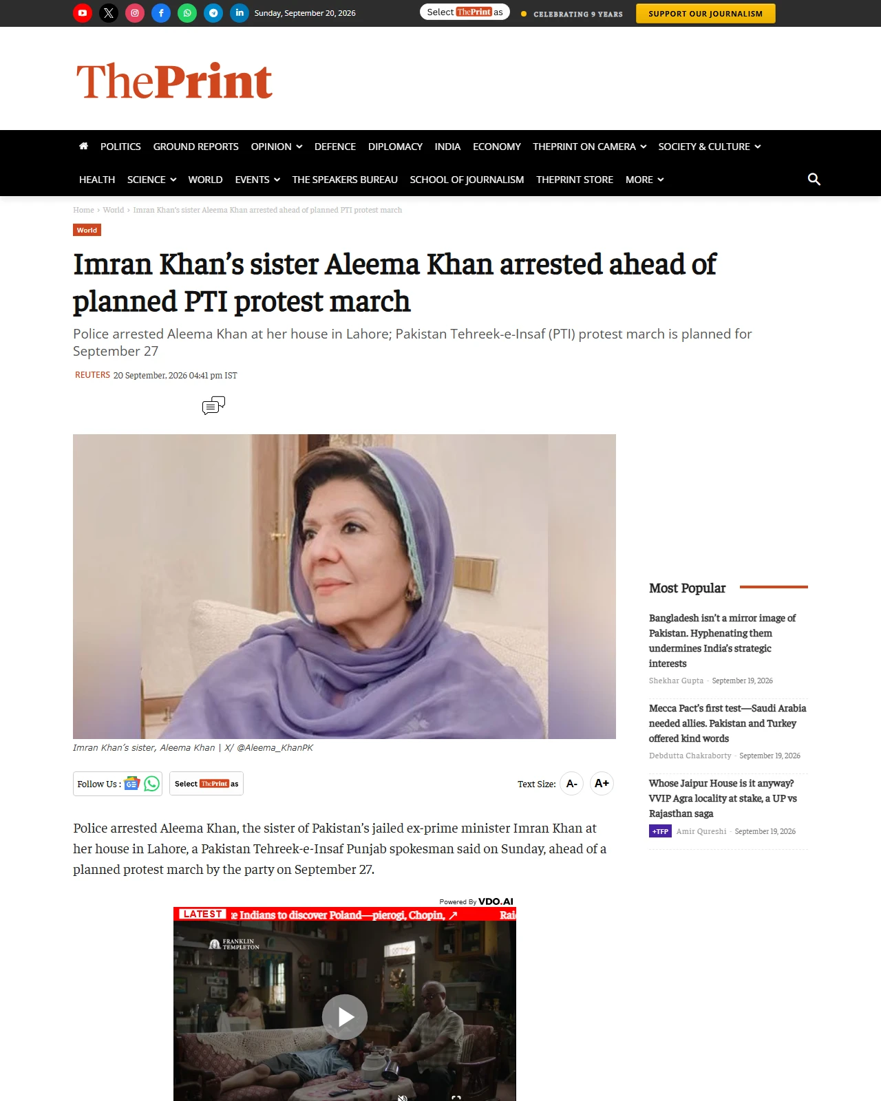 theprint.in as published: Imran Khan’s sister Aleema Khan arrested ahead of planned PTI protest march