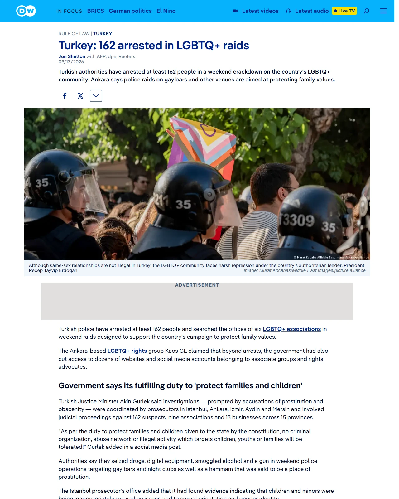 dw.com as published: Turkey: 162 arrested in LGBTQ+ raids