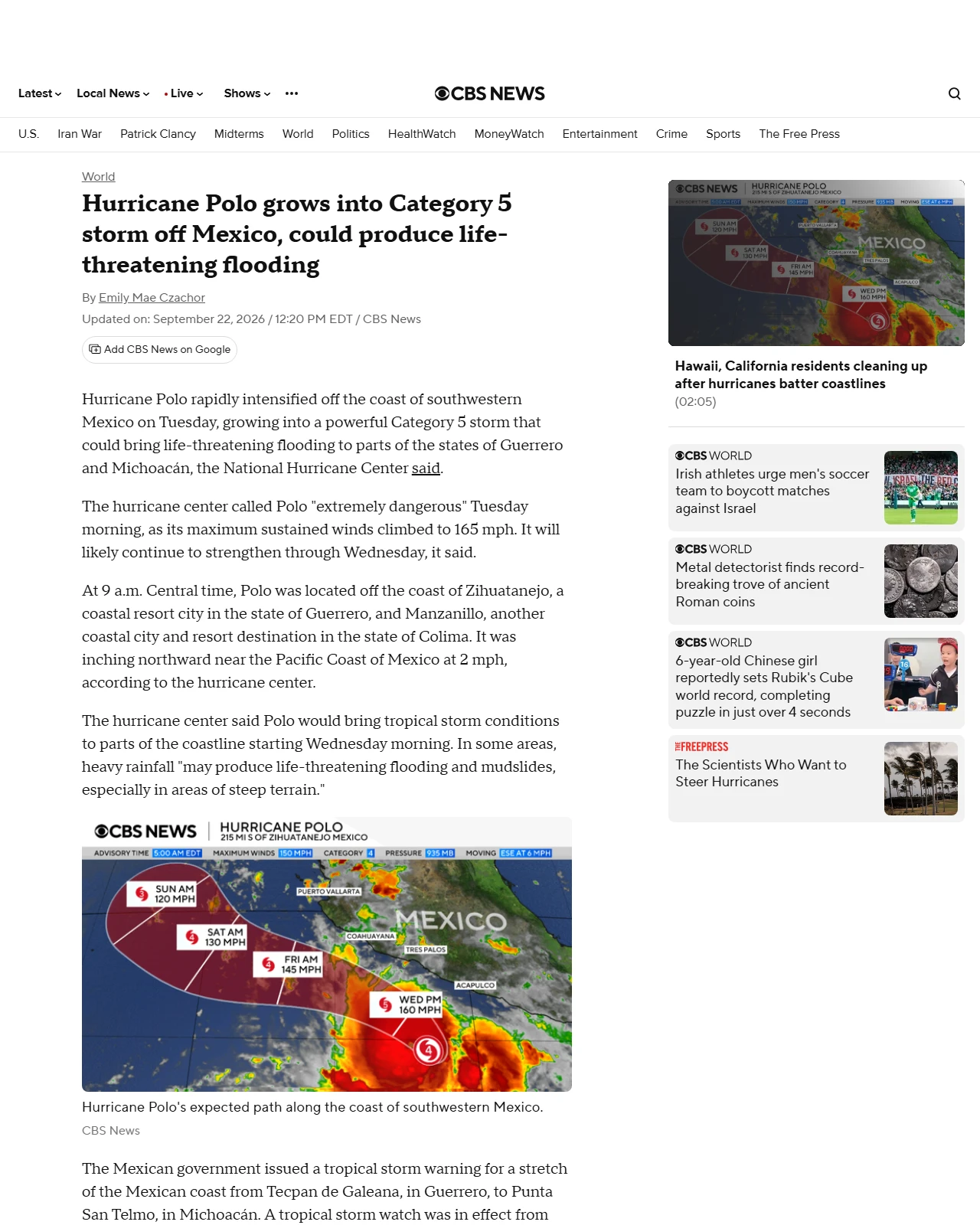 cbsnews.com as published: Hurricane Polo grows into Category 5 storm off Mexico