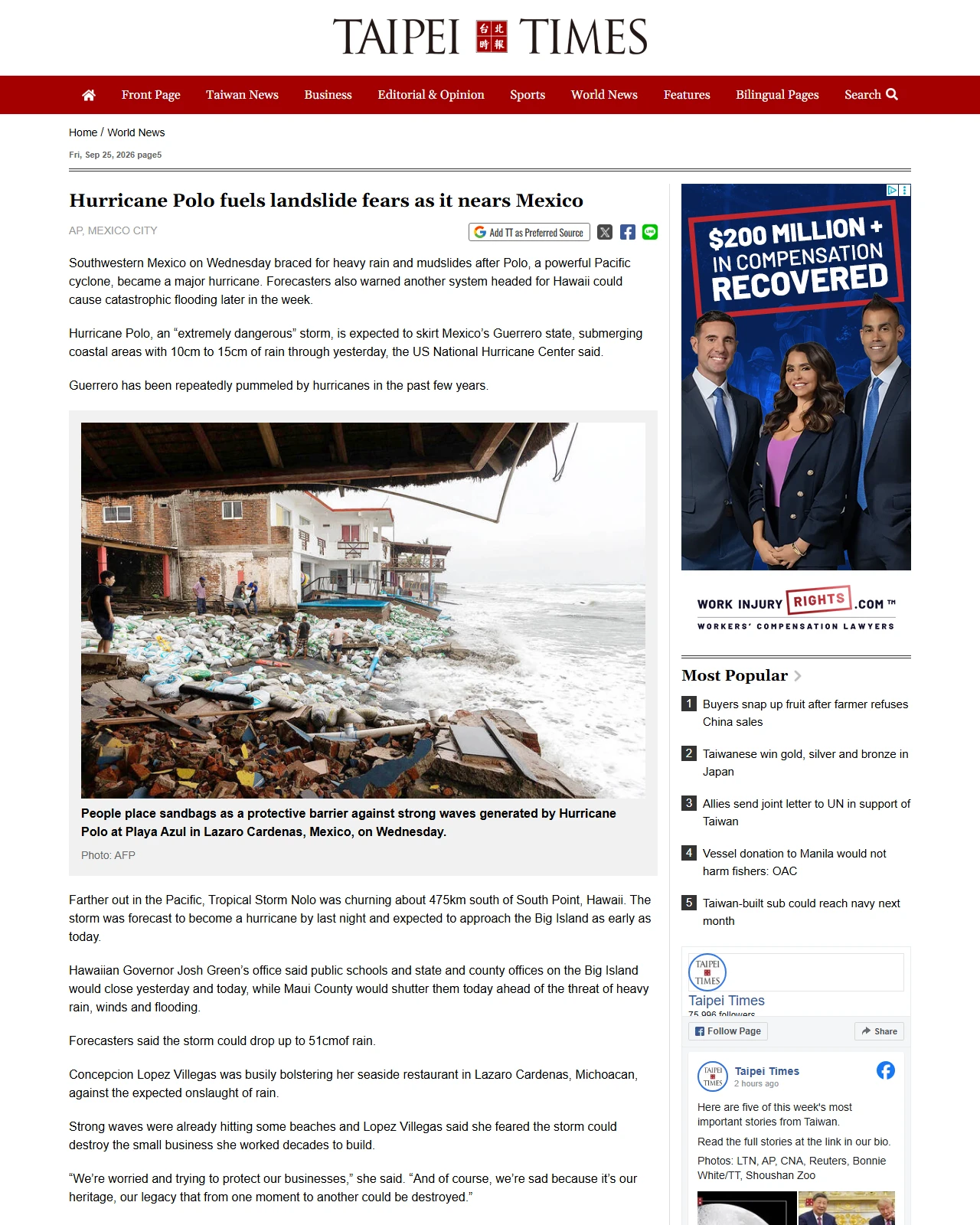 taipeitimes.com as published: Hurricane Polo fuels landslide fears as it nears Mexico
