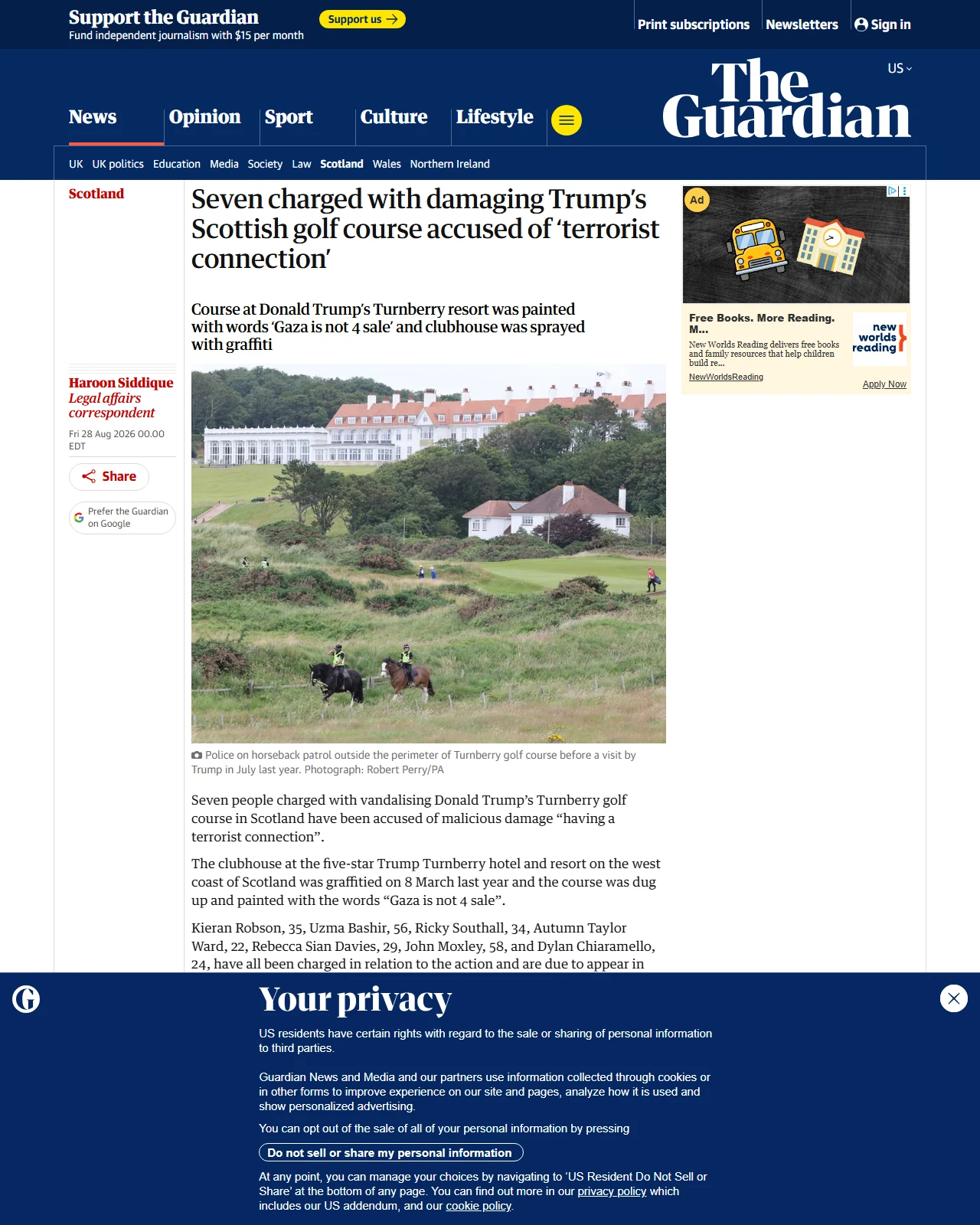 theguardian.com as published: Seven charged with damaging Trump’s Scottish golf course accused of ‘terrorist connection’