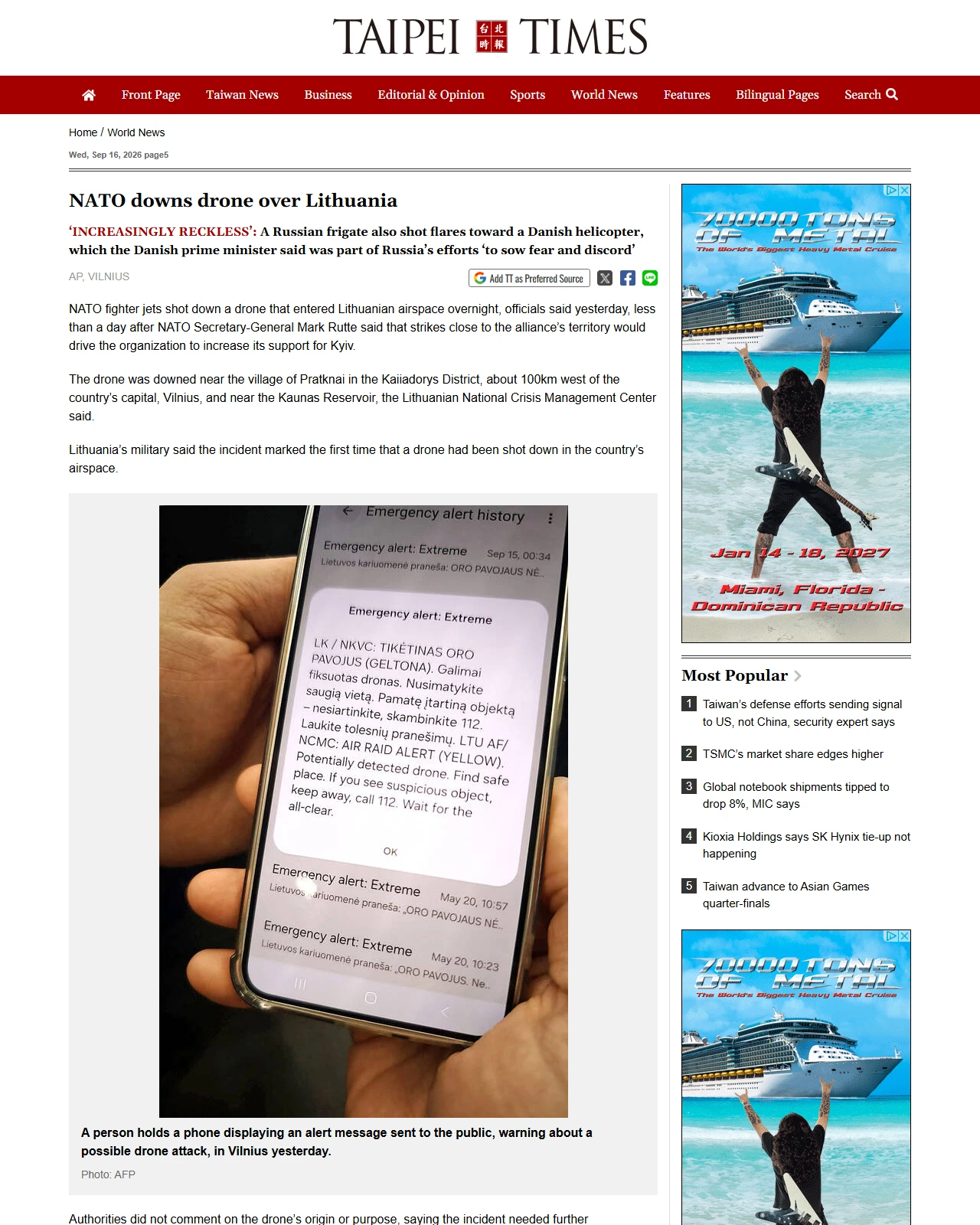 taipeitimes.com as published: NATO downs drone over Lithuania