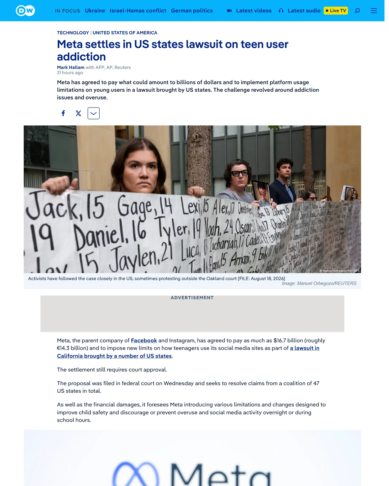 dw.com as published: Meta settles in US states lawsuit on teen user addiction