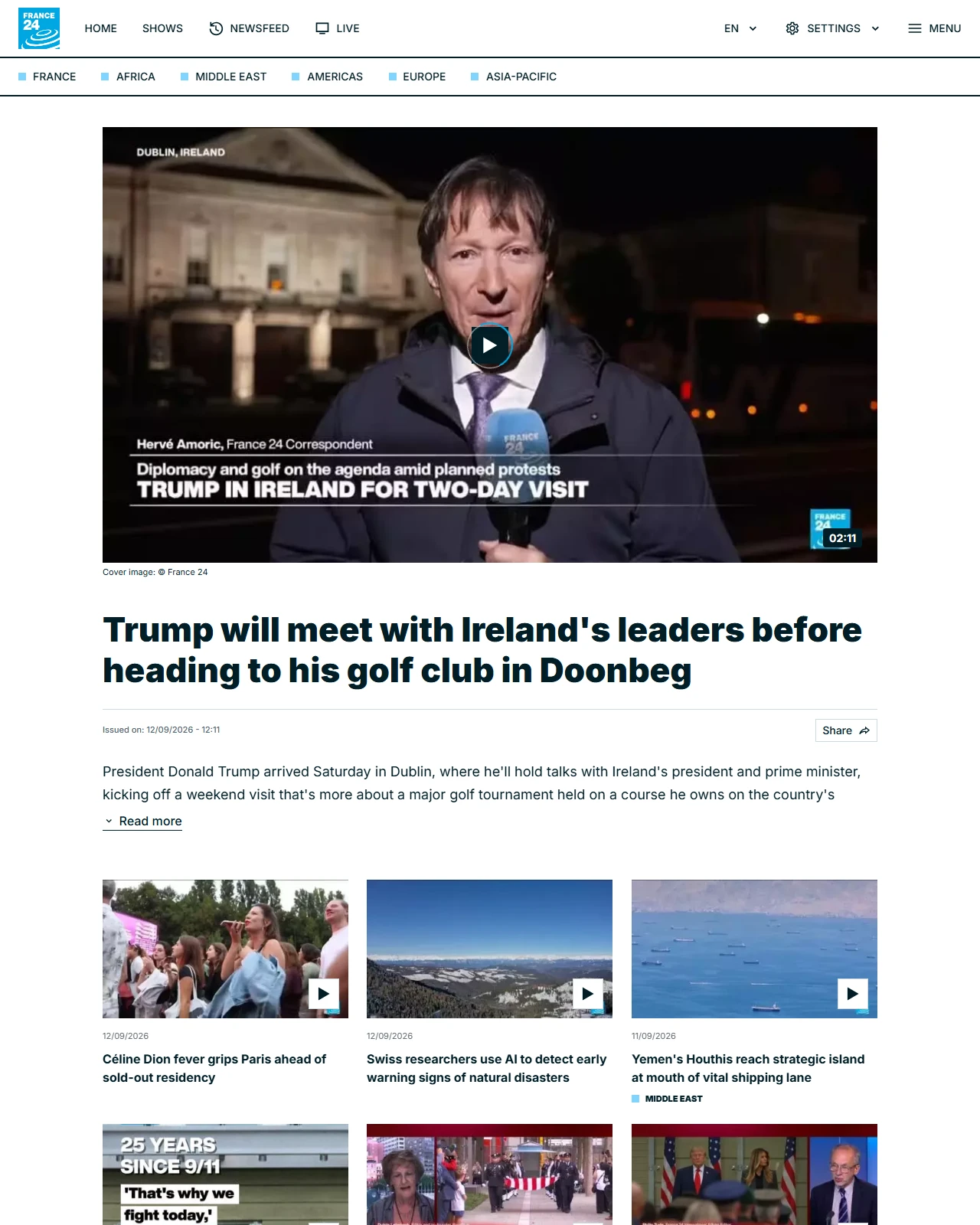 france24.com as published: Trump will meet with Ireland's leaders before heading to his golf club in Doonbeg
