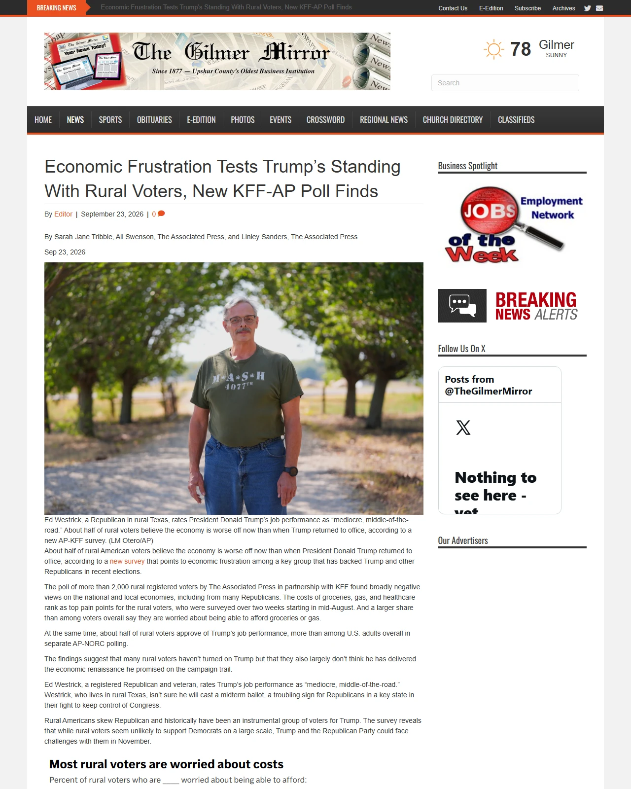 gilmermirror.com as published: Economic Frustration Tests Trump’s Standing With Rural Voters, New KFF-AP Poll Finds