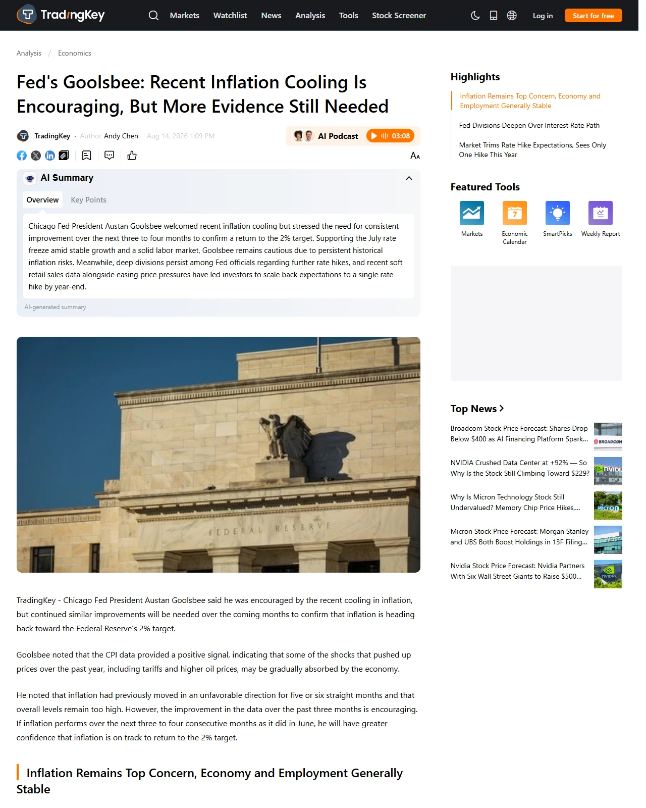 tradingkey.com as published: Fed's Goolsbee: Recent Inflation Cooling Is Encouraging, But More Evidence Still Needed