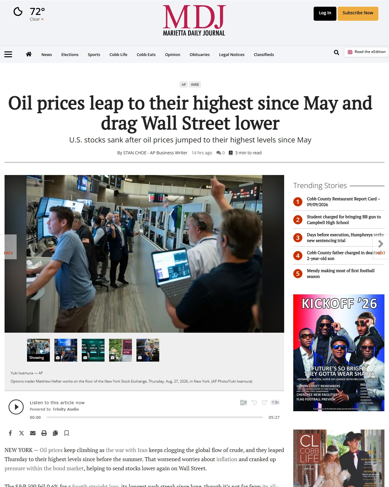 mdjonline.com as published: Oil prices leap to their highest since May and drag Wall Street lower