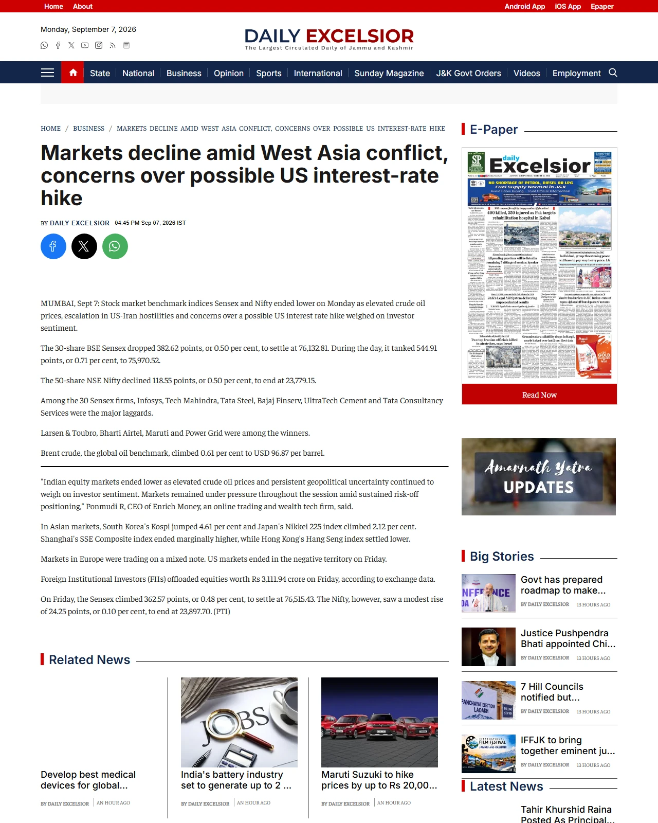 dailyexcelsior.com as published: Markets decline amid West Asia conflict, concerns over possible US interest-rate hike