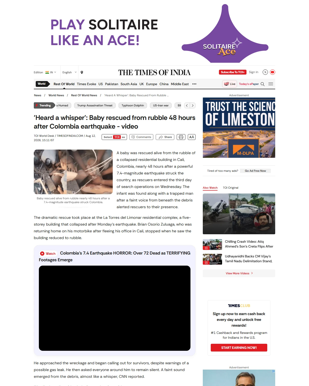 timesofindia.indiatimes.com as published: 'Heard a whisper': Baby rescued from rubble 48 hrs after Colombia quake