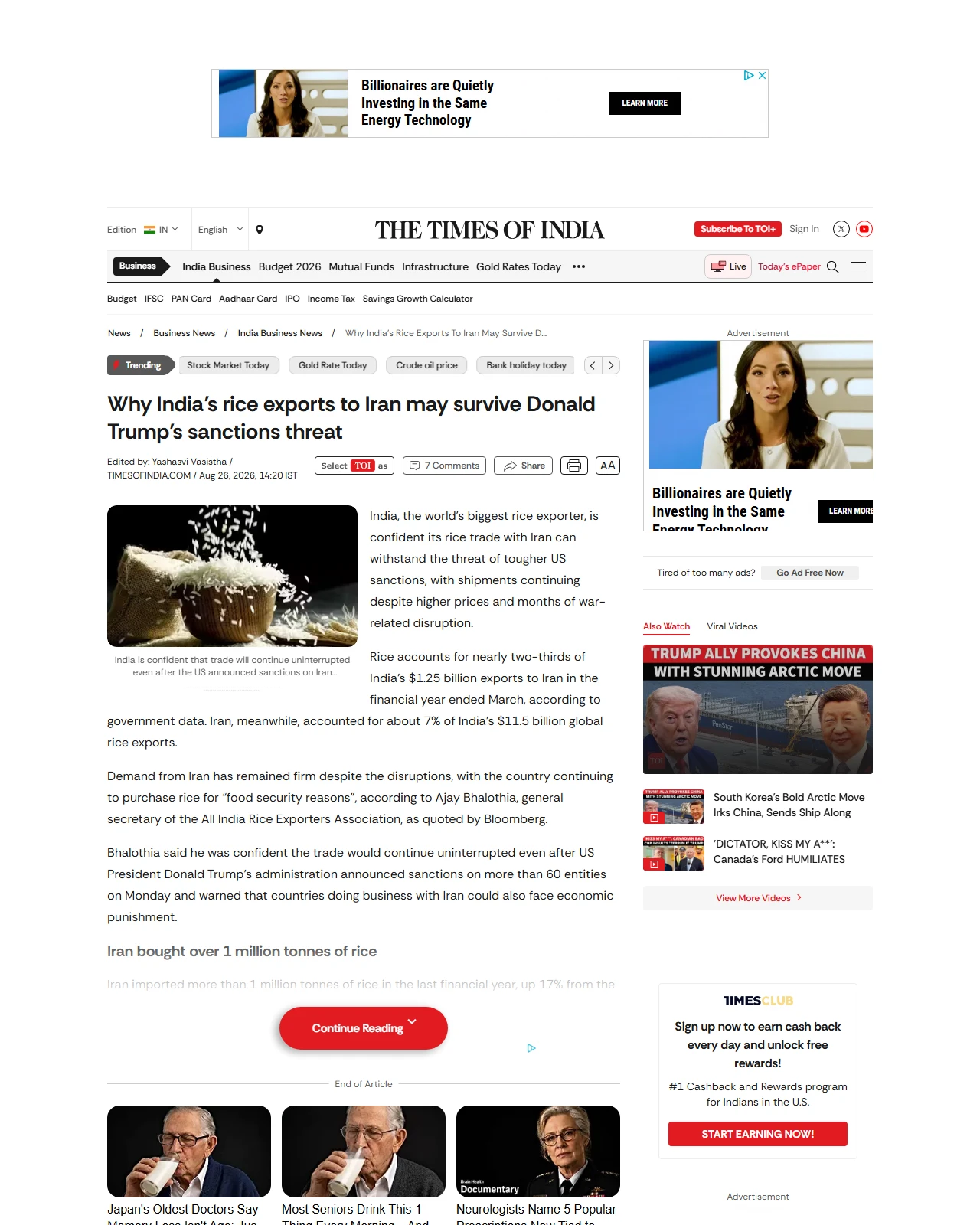 timesofindia.indiatimes.com as published: Why India’s rice exports to Iran may survive Trump's sanctions threat