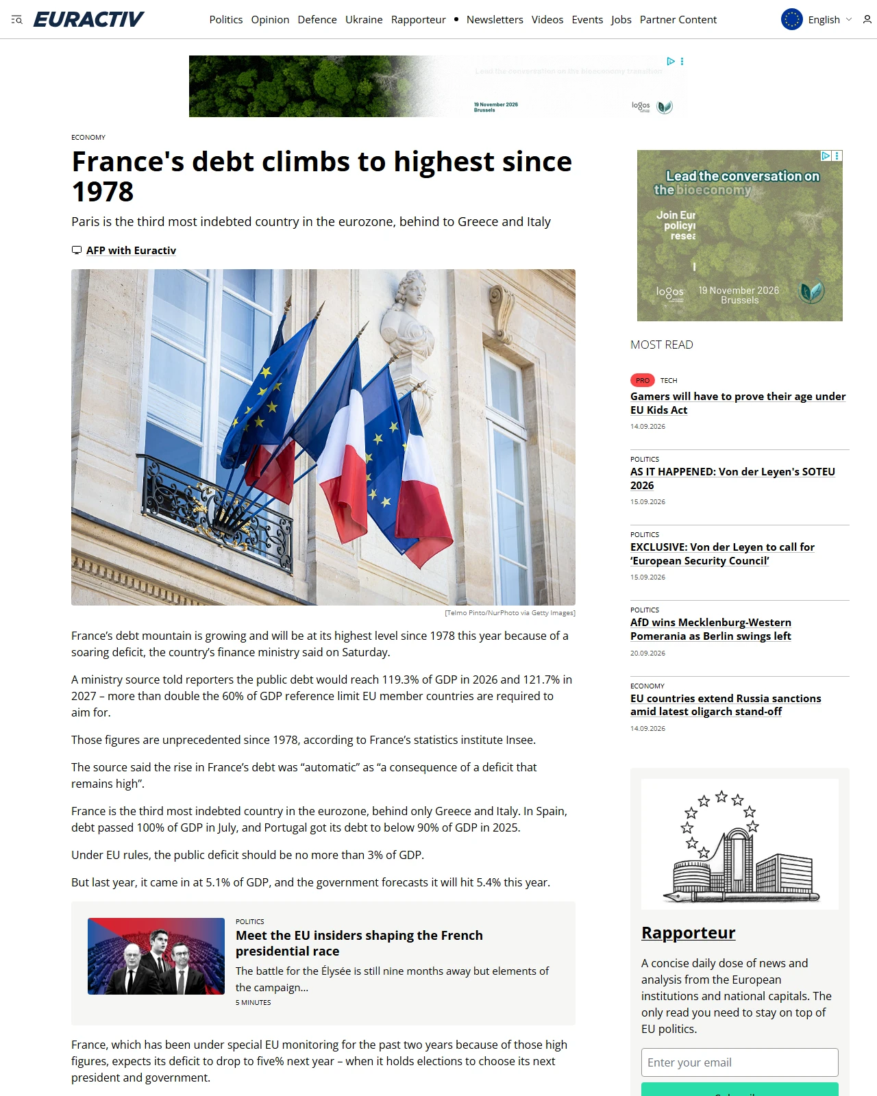 euractiv.com as published: France's debt climbs to highest since 1978