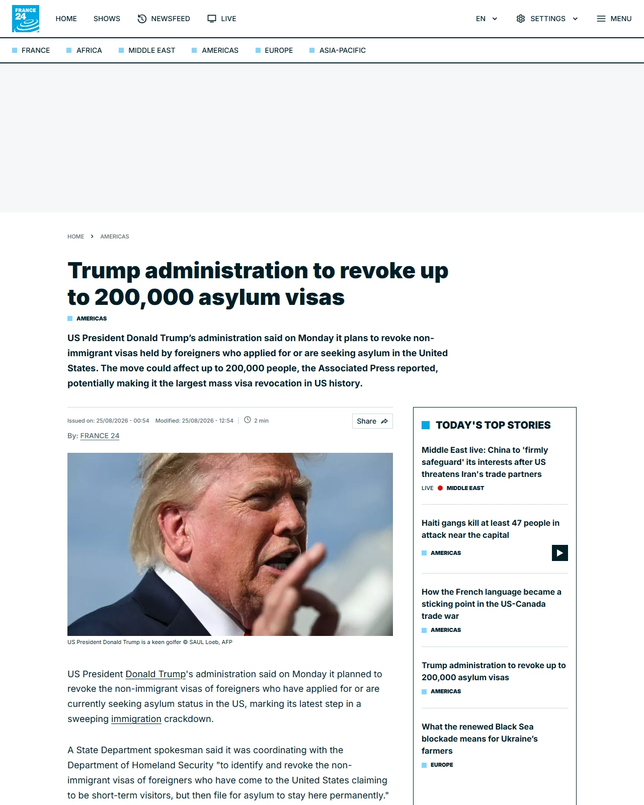 france24.com as published: Trump administration to revoke up to 200,000 asylum visas