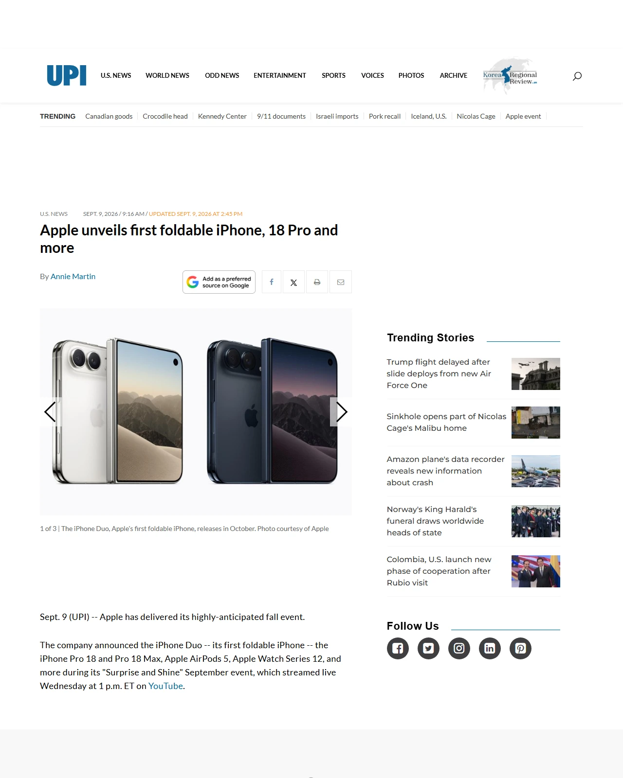 upi.com as published: Watch: Apple unveils foldable iPhone Duo, 18 Pro and more
