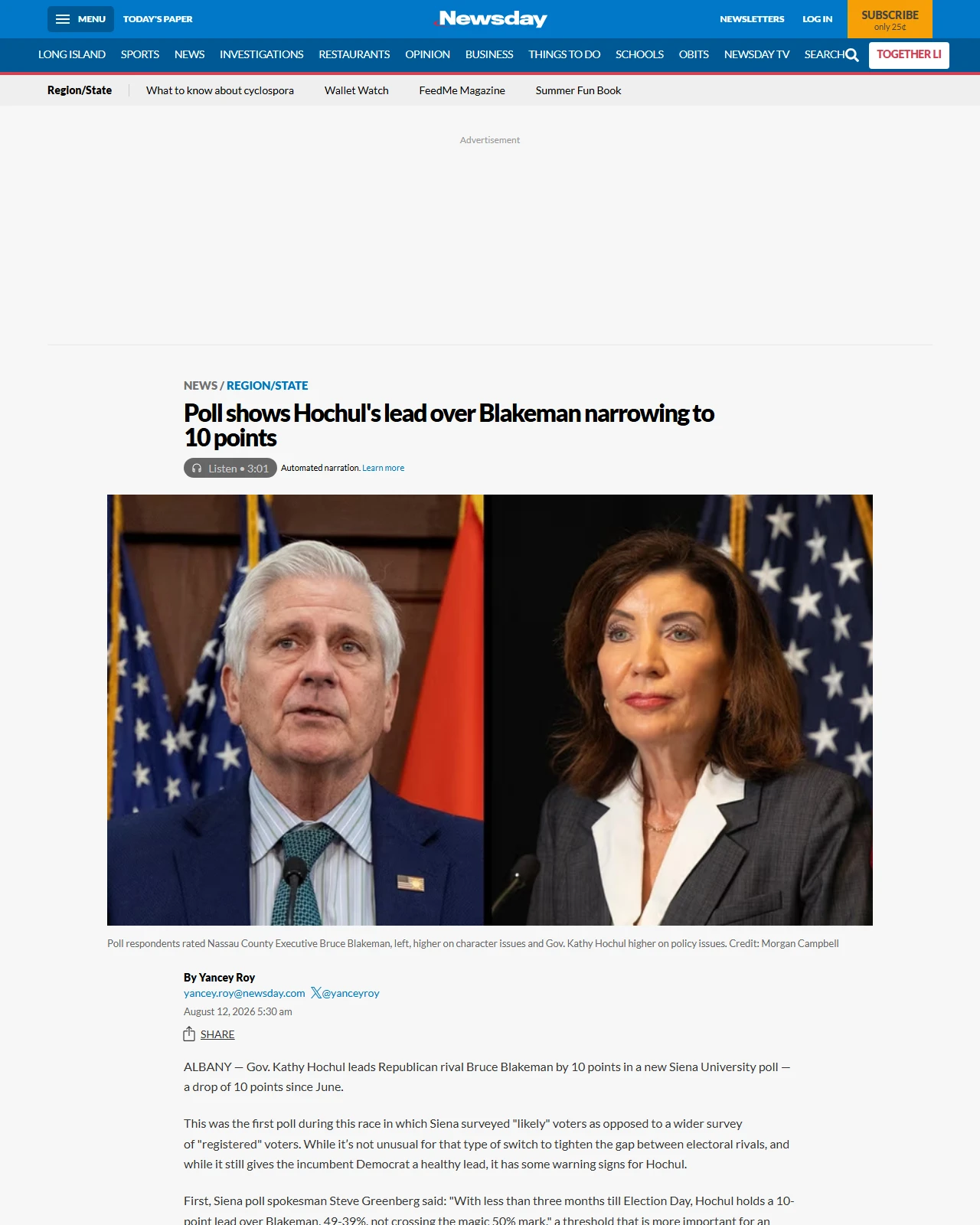 newsday.com as published: Poll shows Hochul's lead over Blakeman narrowing to 10 points