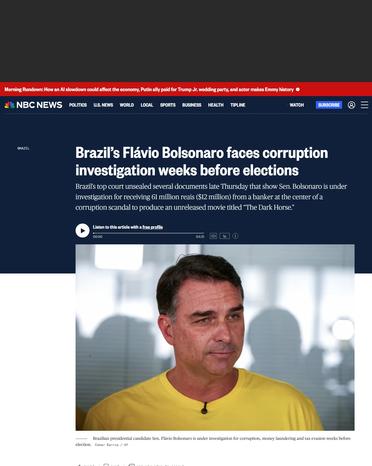 nbcnews.com as published: Brazil’s Flávio Bolsonaro faces corruption investigation weeks before elections