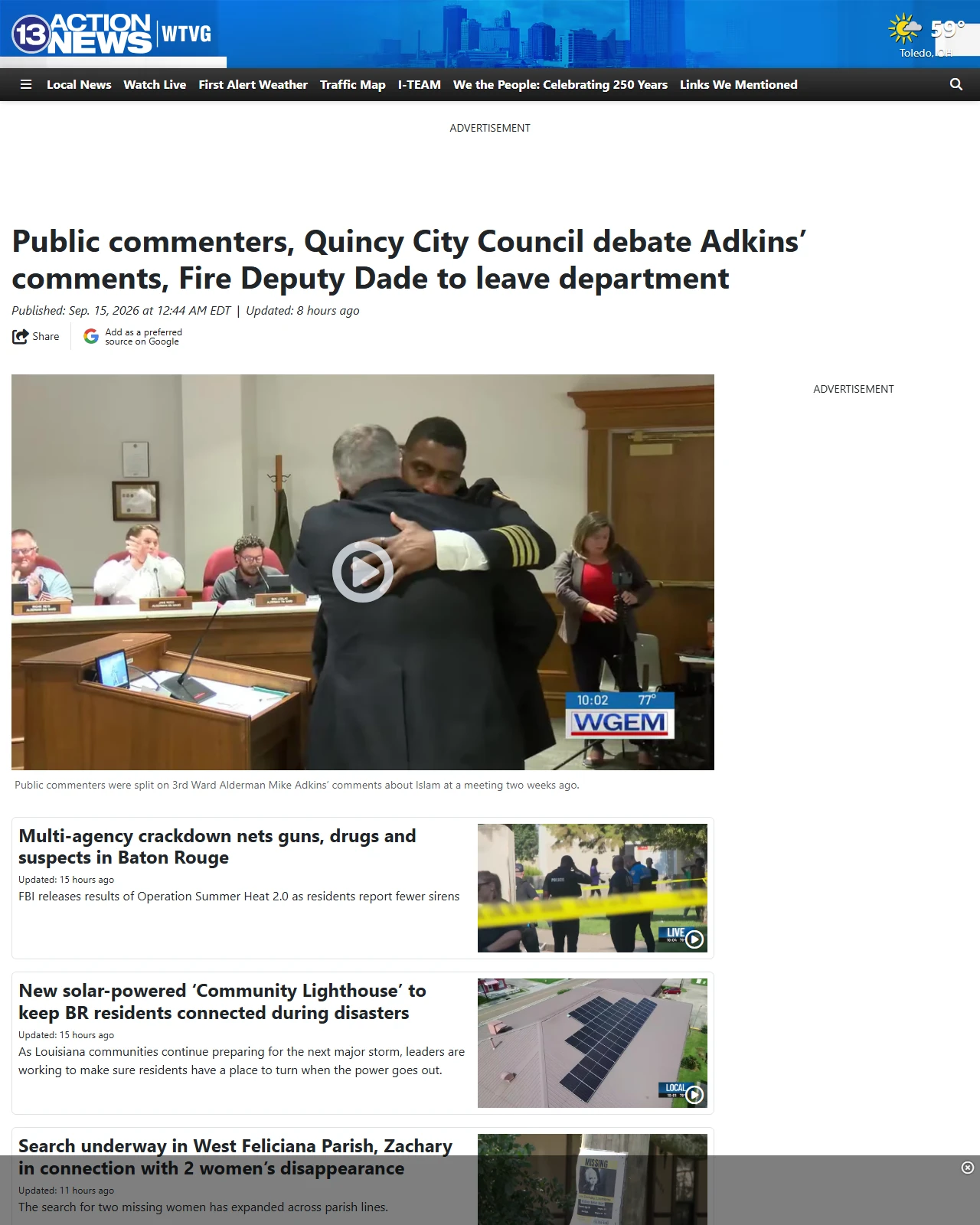 13abc.com as published: Public commenters, Quincy City Council debate Adkins’ comments, Fire Deputy Dade to leave department