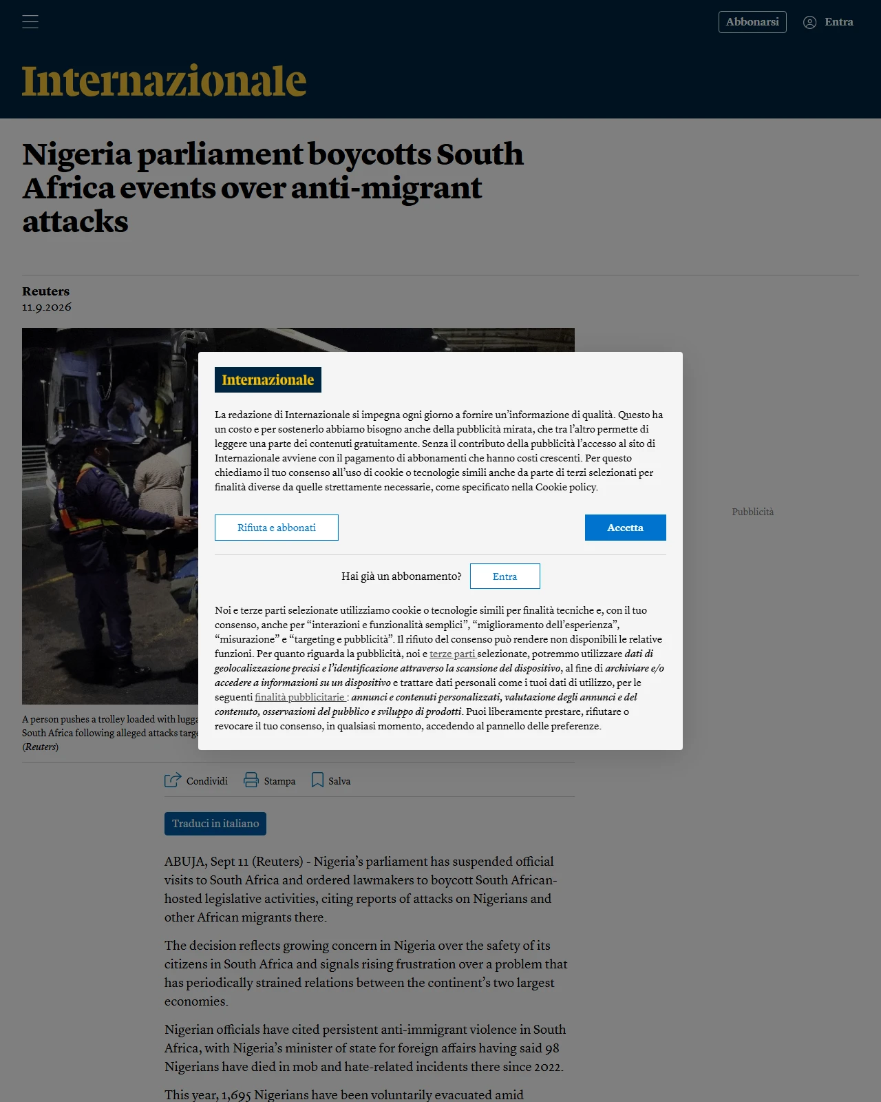 internazionale.it as published: Nigeria parliament boycotts South Africa events over anti-migrant attacks