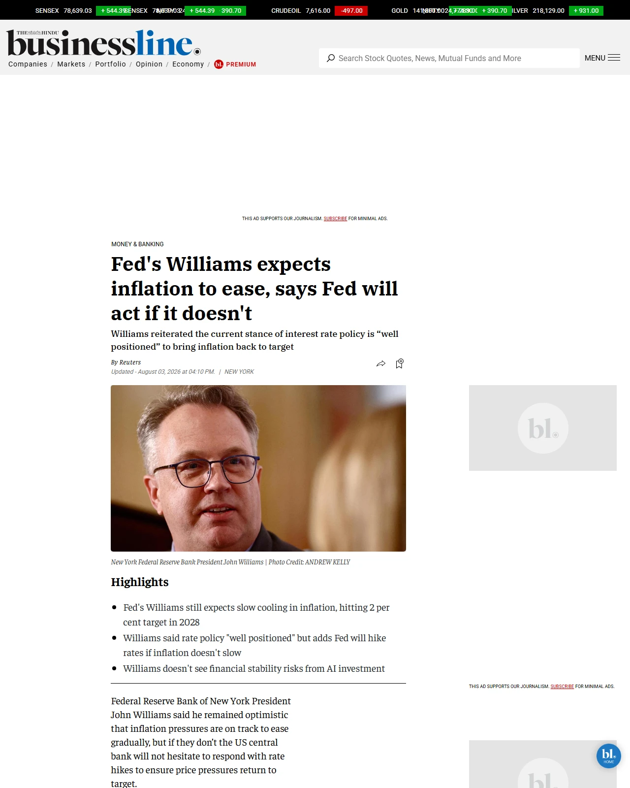 thehindubusinessline.com as published: Fed's Williams expects inflation to ease, says Fed will act if it doesn't