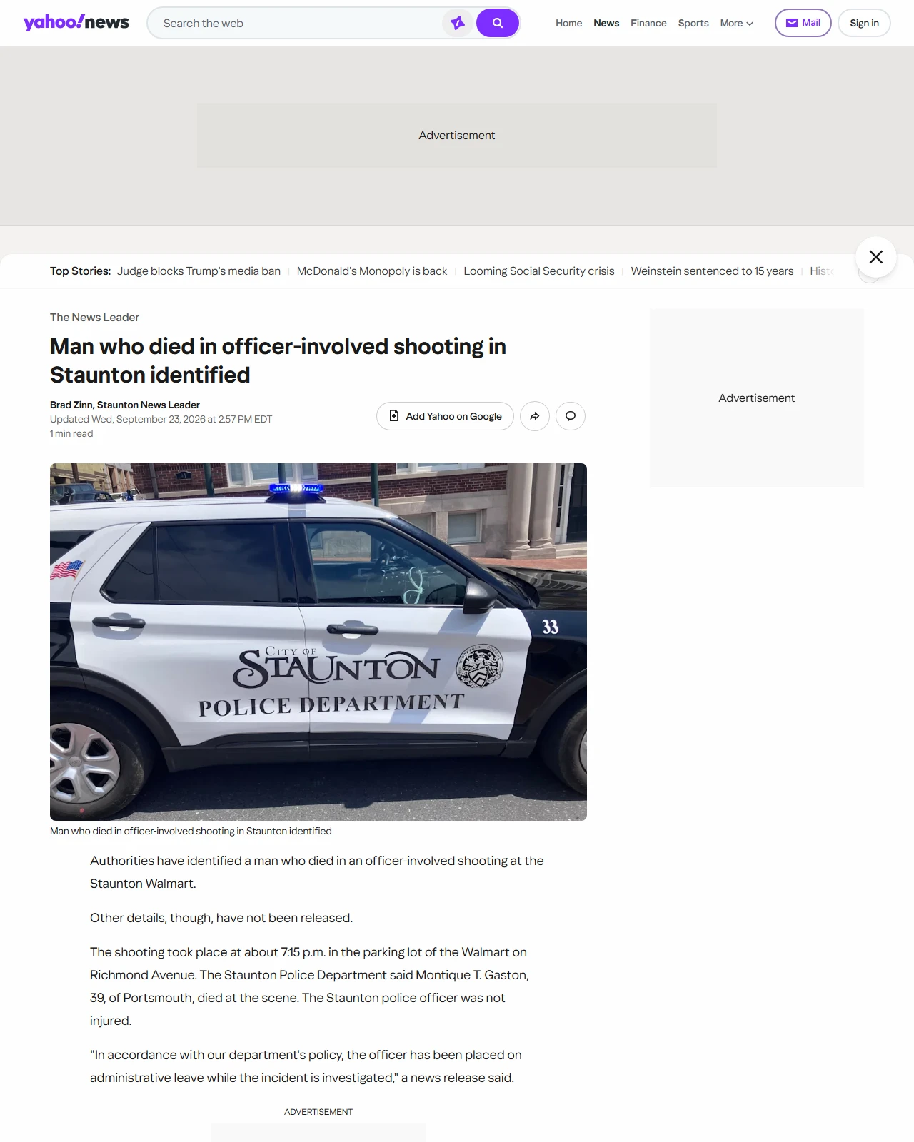 yahoo.com as published: Man who died in officer-involved shooting in Staunton identified