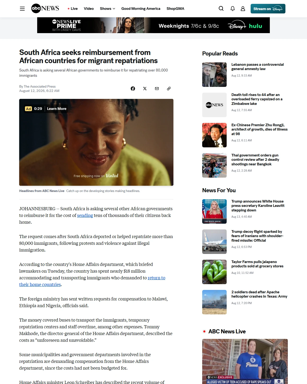 abcnews.com as published: South Africa seeks reimbursement from African countries for migrant repatriations - ABC News