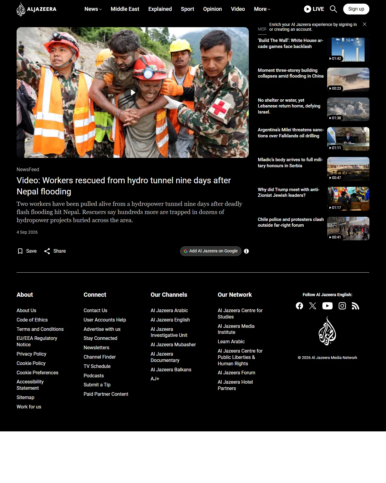 aljazeera.com as published: Video: Workers rescued from hydro tunnel nine days after Nepal flooding