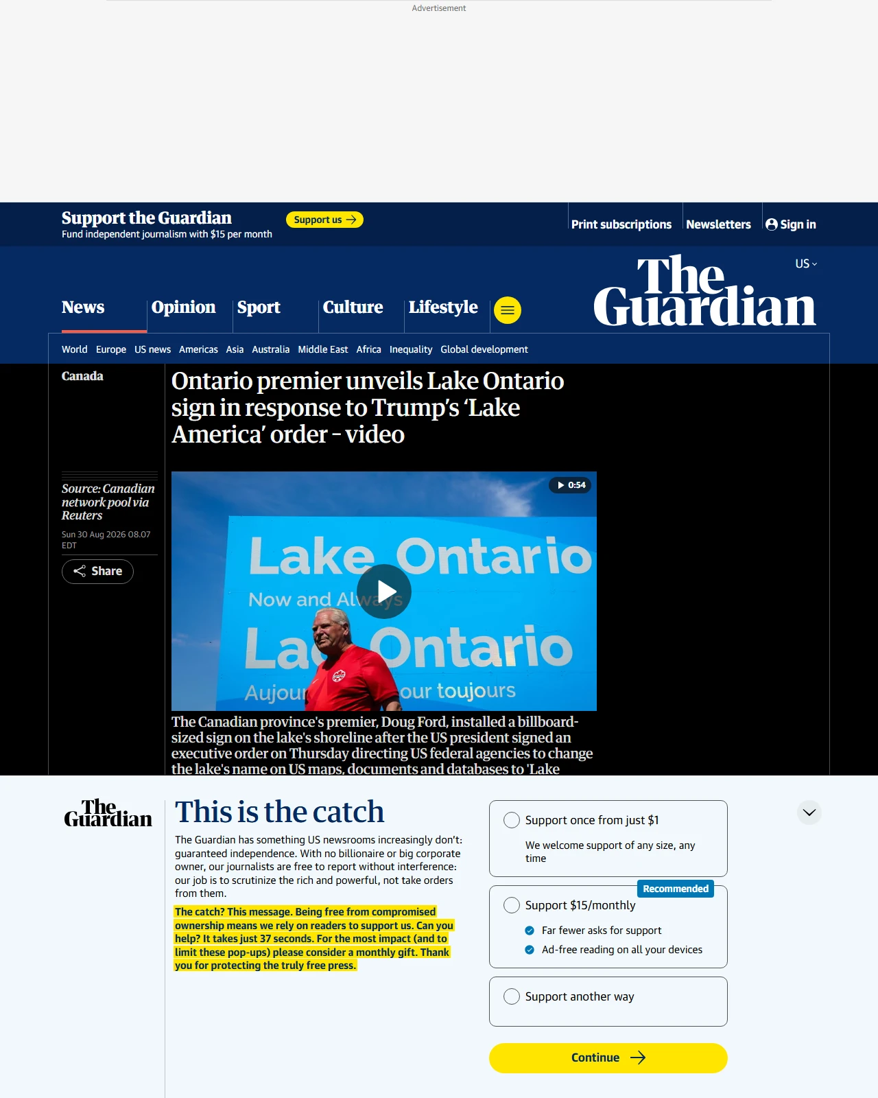 theguardian.com as published: Ontario premier unveils Lake Ontario sign in response to Trump’s ‘Lake America’ order – video