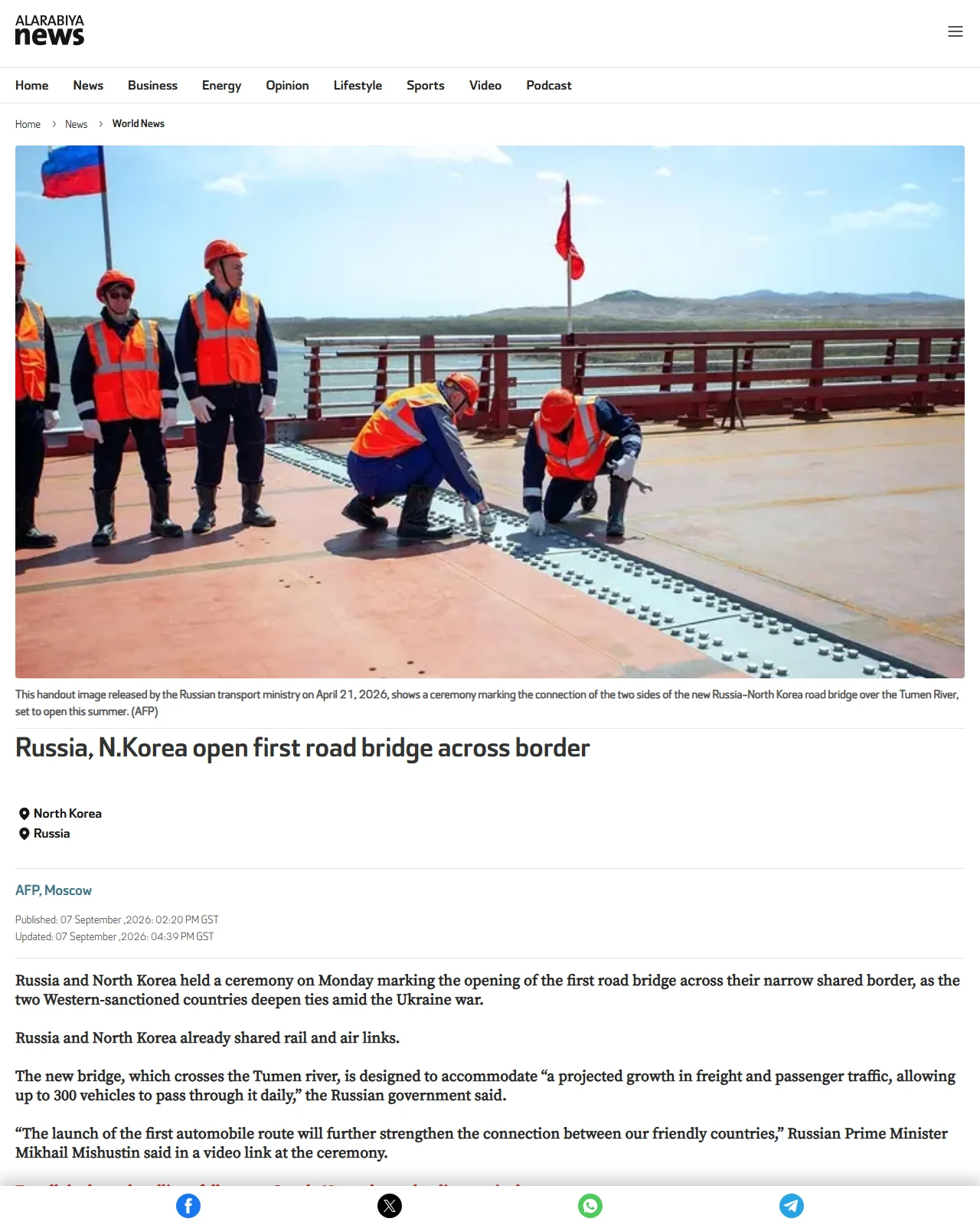 english.alarabiya.net as published: Russia, N.Korea open first road bridge across border