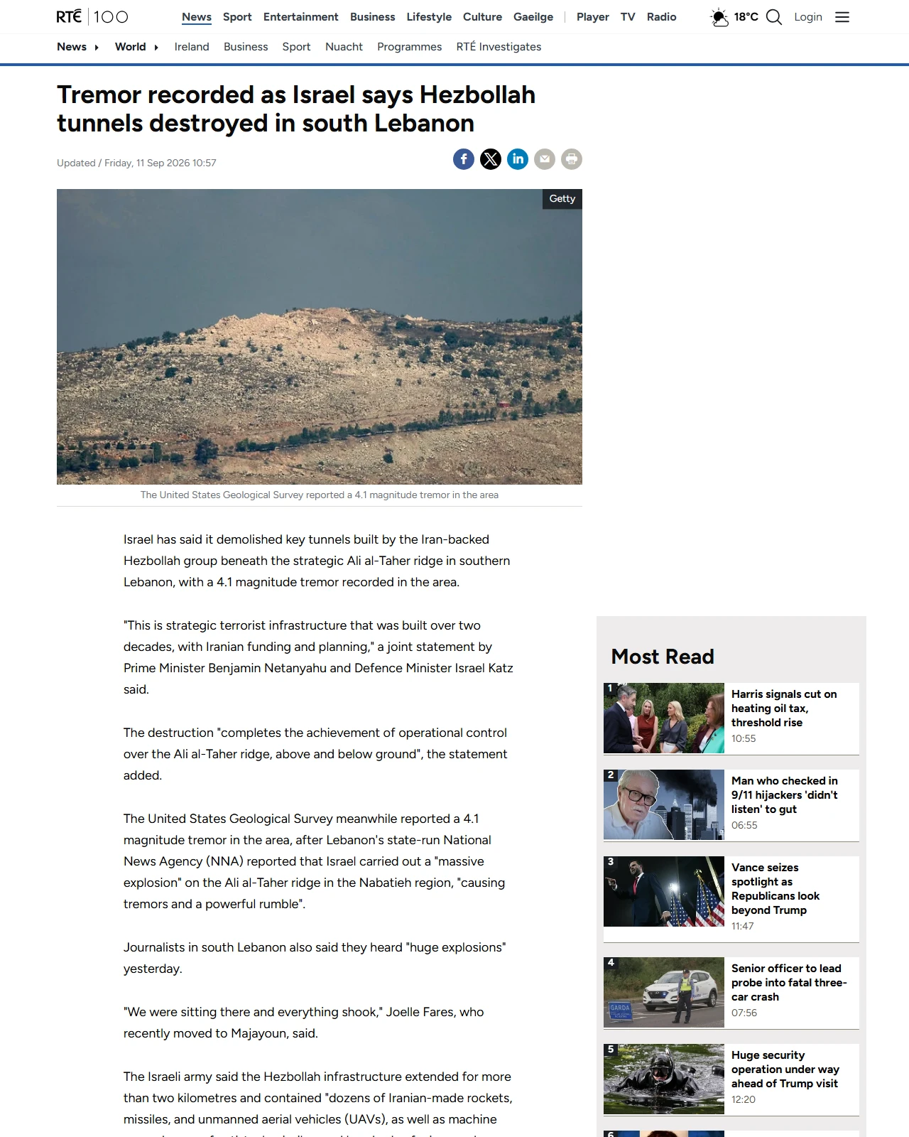 rte.ie as published: Israel says Hezbollah tunnels destroyed in south Lebanon