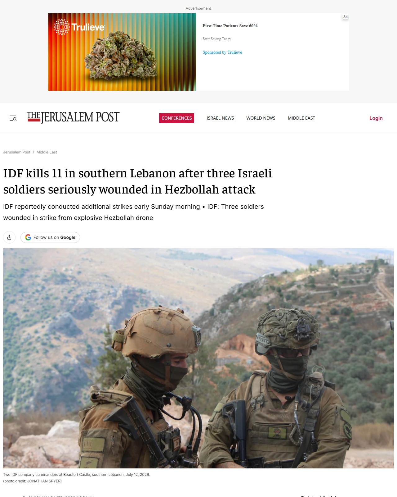 jpost.com as published: IDF kills 11 in southern Lebanon after three Israeli soldiers seriously wounded in Hezbollah attack