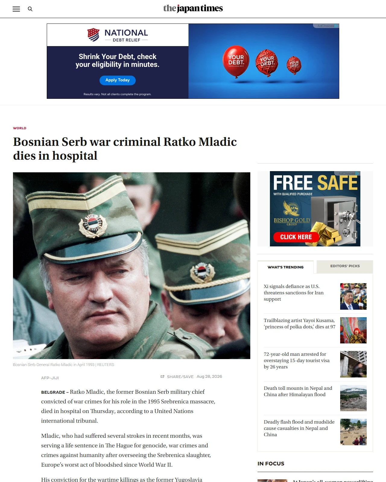 japantimes.co.jp as published: Bosnian Serb war criminal Ratko Mladic dies in hospital