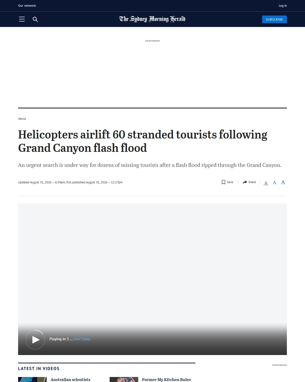 smh.com.au as published: Helicopters airlift 60 stranded tourists following Grand Canyon flash flood