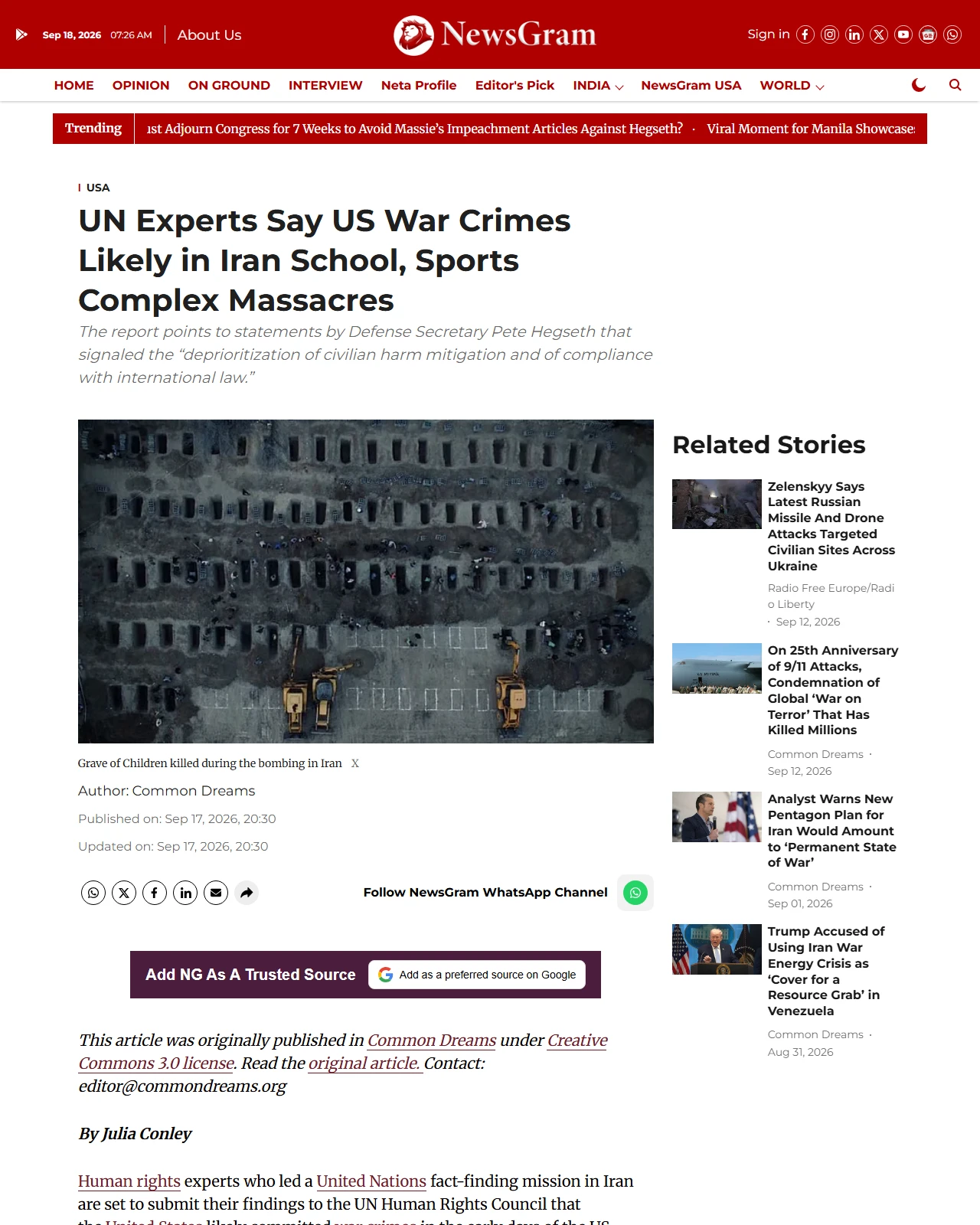 newsgram.com as published: UN Experts Say US War Crimes Likely in Iran School, Sports Complex Massacres