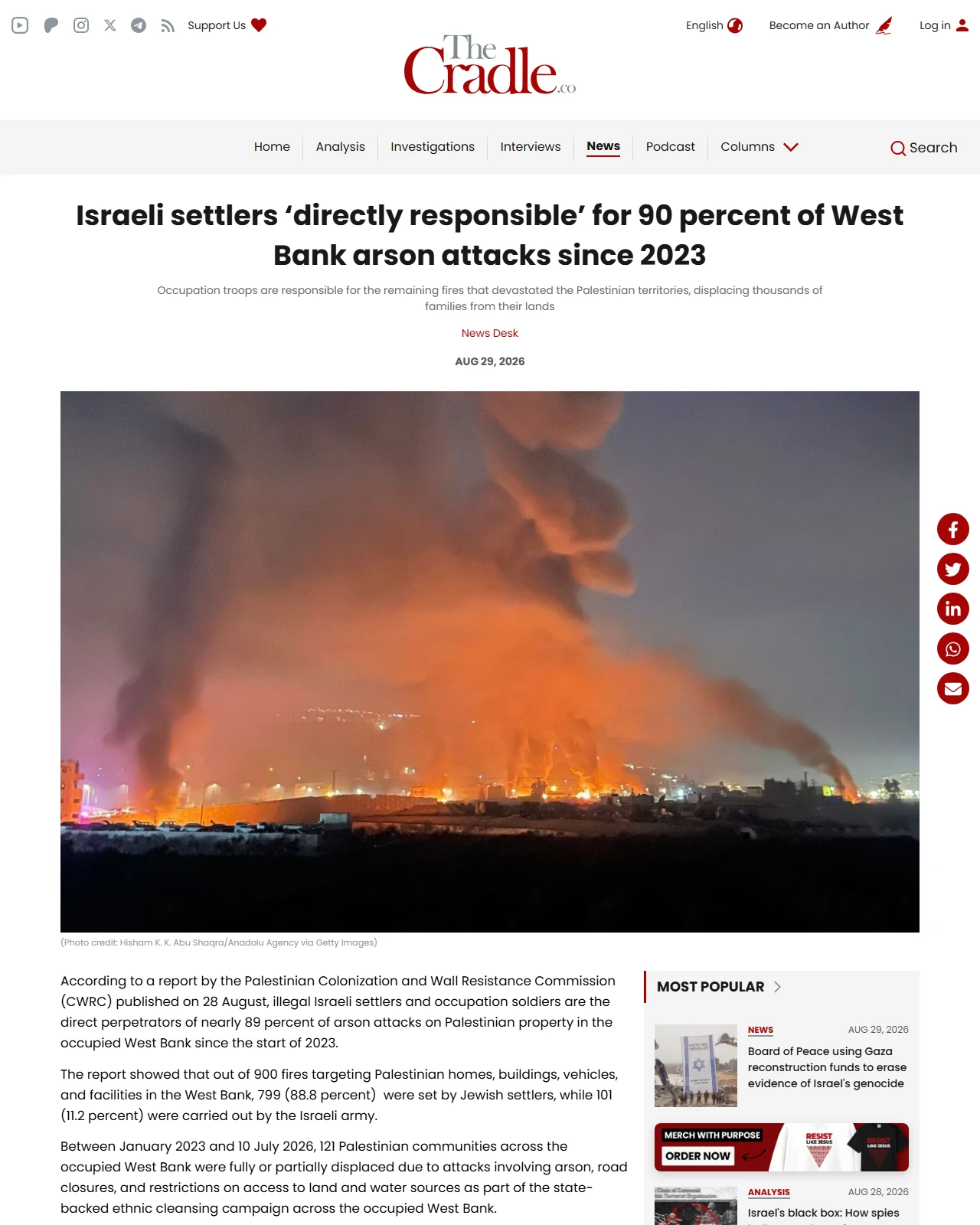 thecradle.co as published: Israeli settlers ‘directly responsible’ for 90 percent of West Bank arson attacks since 2023