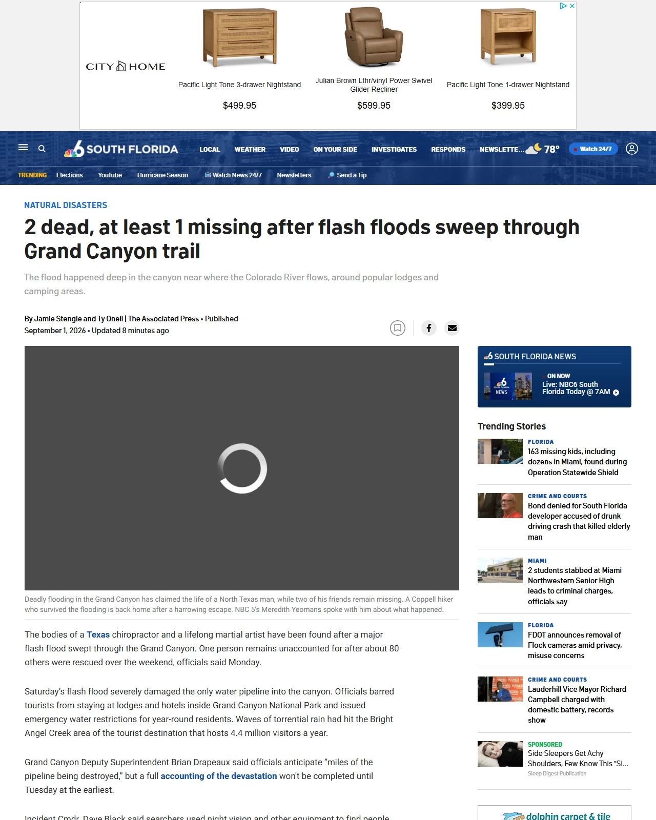 nbcmiami.com as published: About 80 people rescued in Grand Canyon floods that left two dead and one missing, officials say