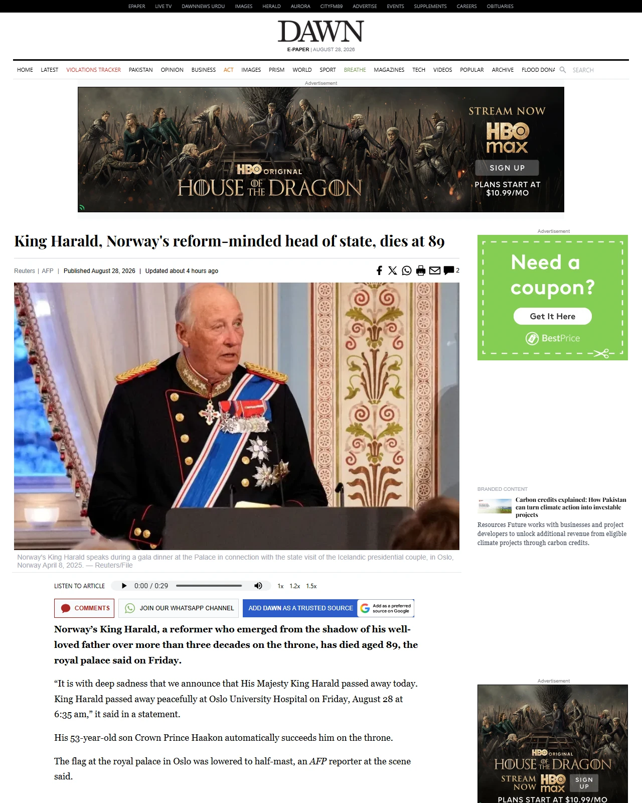 dawn.com as published: King Harald, Norway's reform-minded head of state, dies at 89