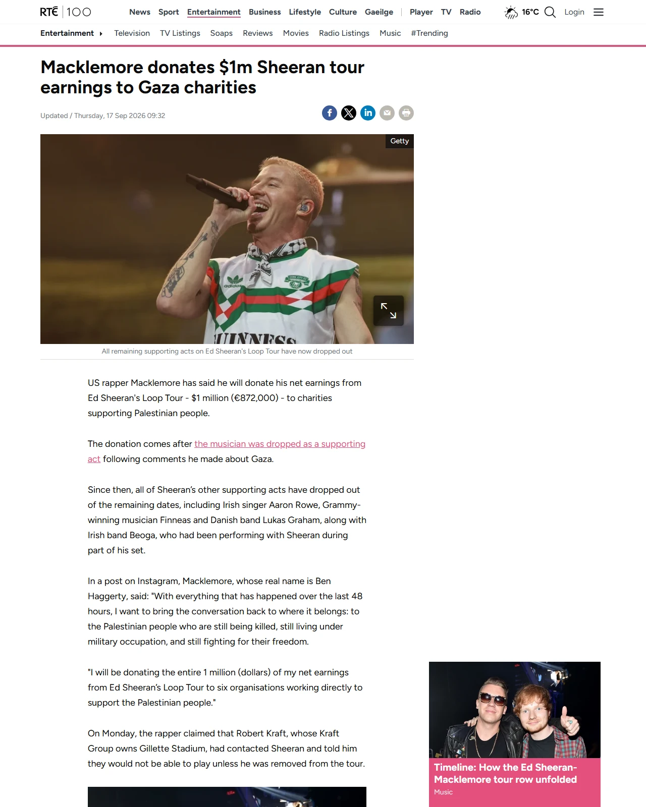 rte.ie as published: Macklemore donates $1m Sheeran tour fee to Gaza charities
