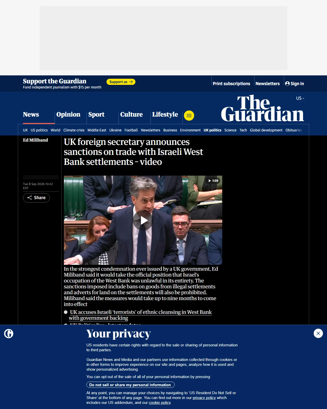 theguardian.com as published: UK foreign secretary announces sanctions on trade with Israeli West Bank settlements – video