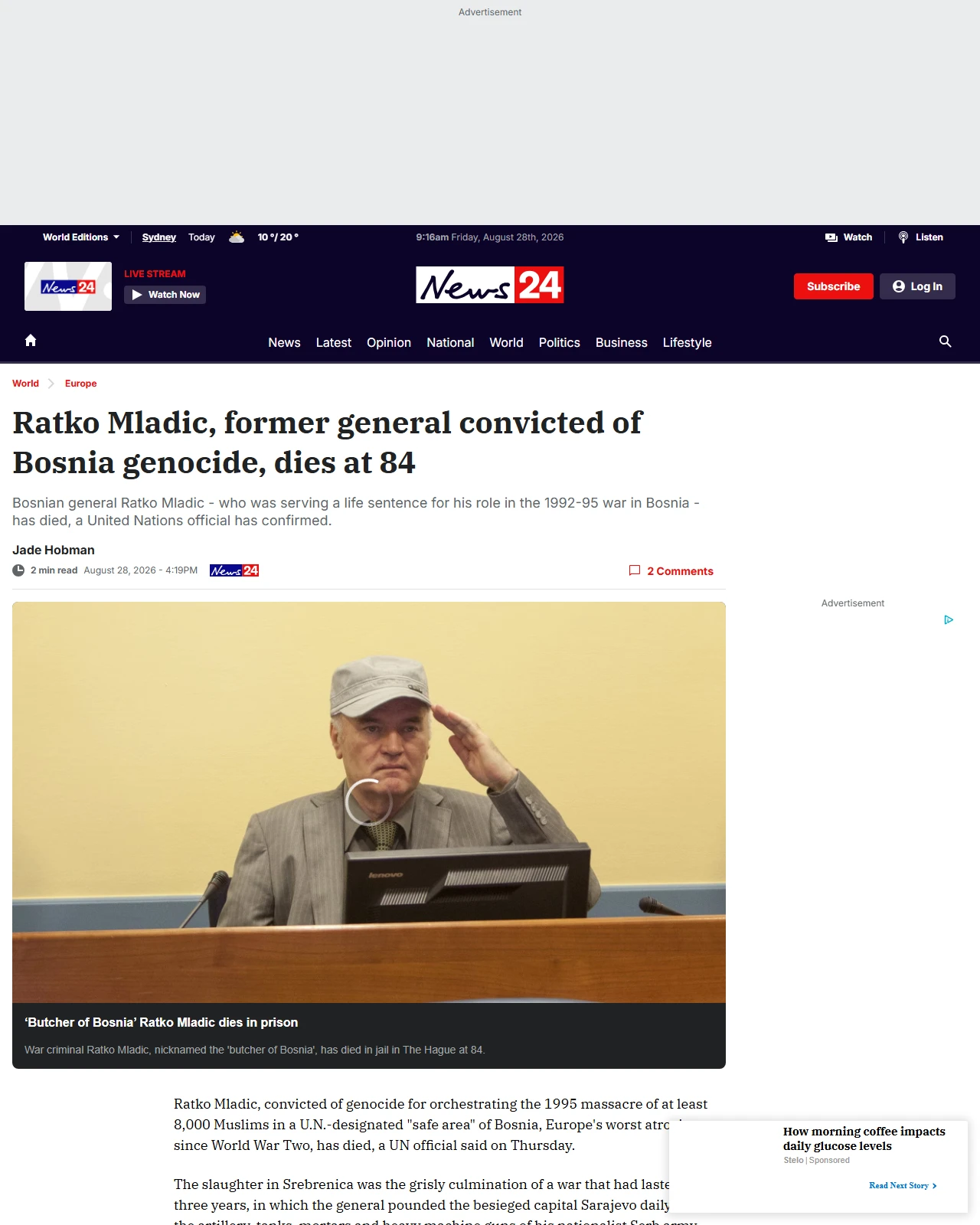 news24.com.au as published: Ratko Mladic, general convicted of Bosnia genocide, dies at 84