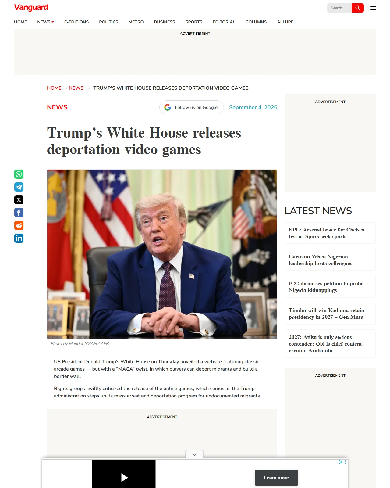 vanguardngr.com as published: Trump’s White House releases deportation video games