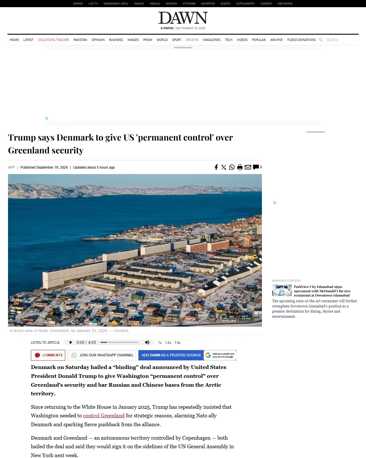 dawn.com as published: Trump says Denmark to give US 'permanent control' over Greenland security