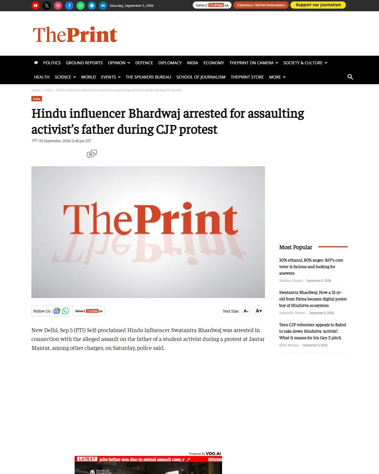 theprint.in as published: Hindu influencer Bhardwaj arrested for assaulting activist’s father during CJP protest