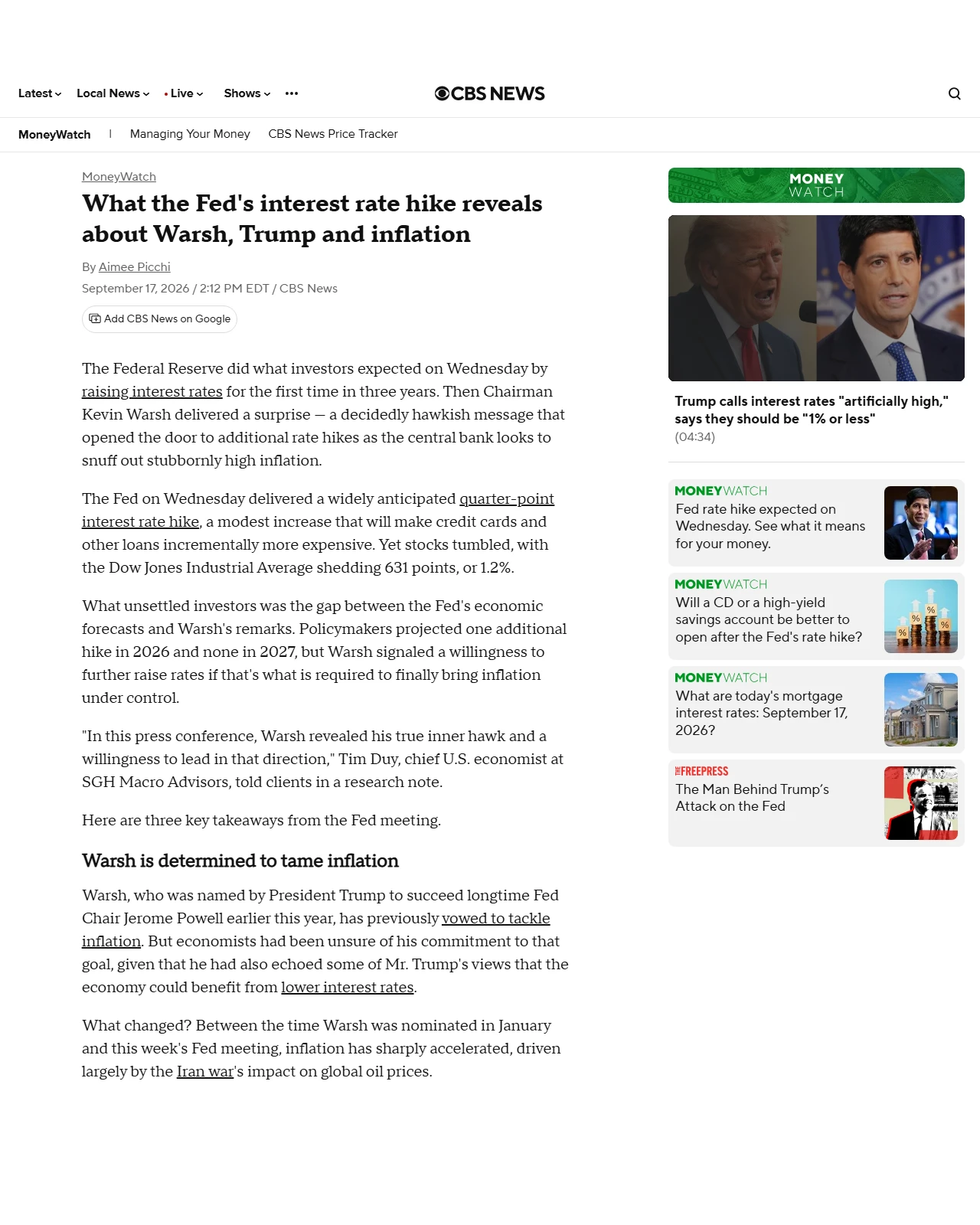 cbsnews.com as published: What the Fed's interest rate hike reveals about Warsh, Trump and inflation