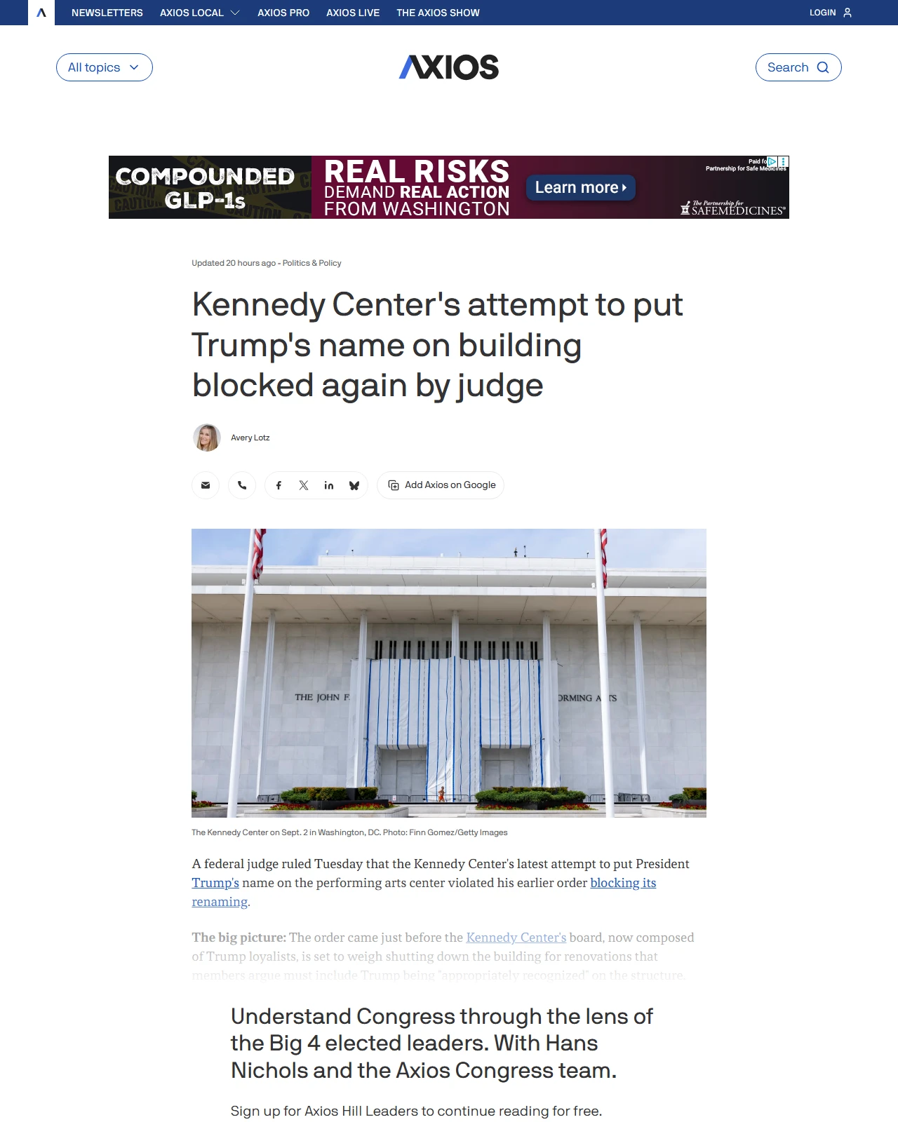 axios.com as published: Kennedy Center's attempt to put Trump's name on building blocked again by judge
