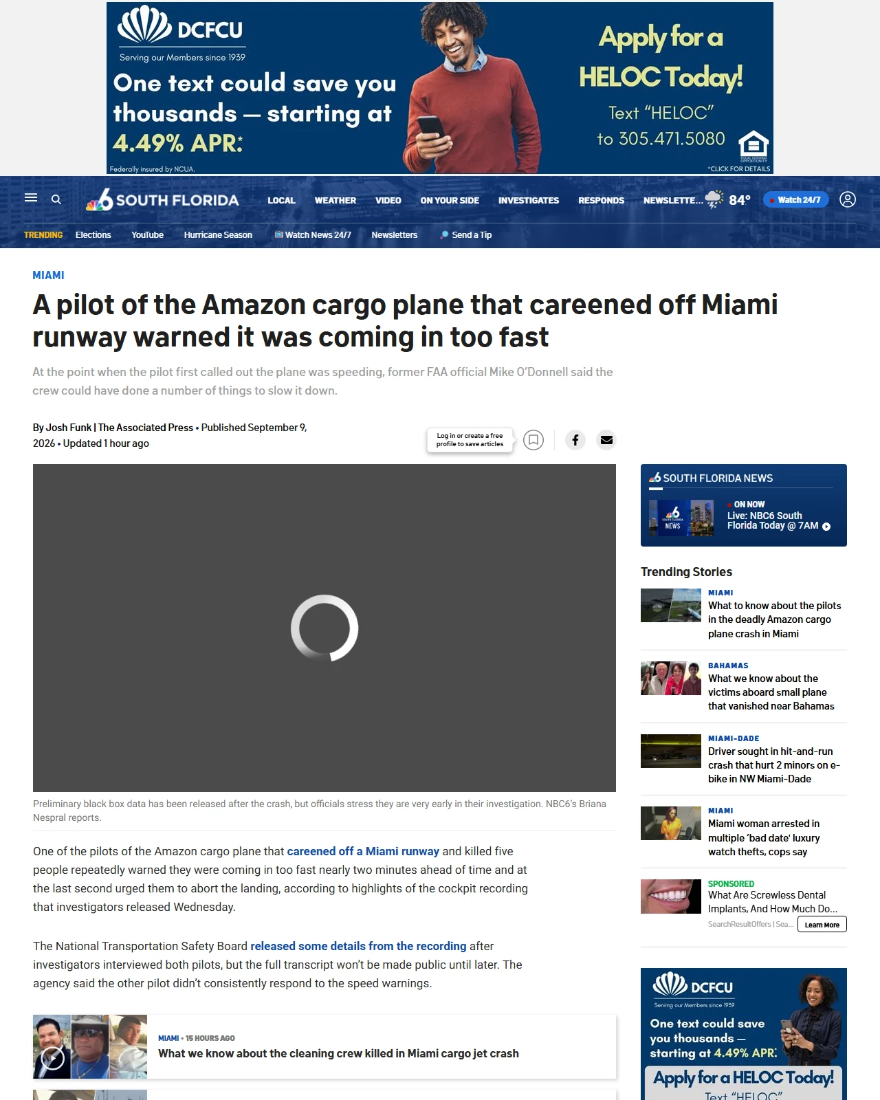 nbcmiami.com as published: A pilot of the Amazon cargo plane that careened off Miami runway warned it was coming in too fast