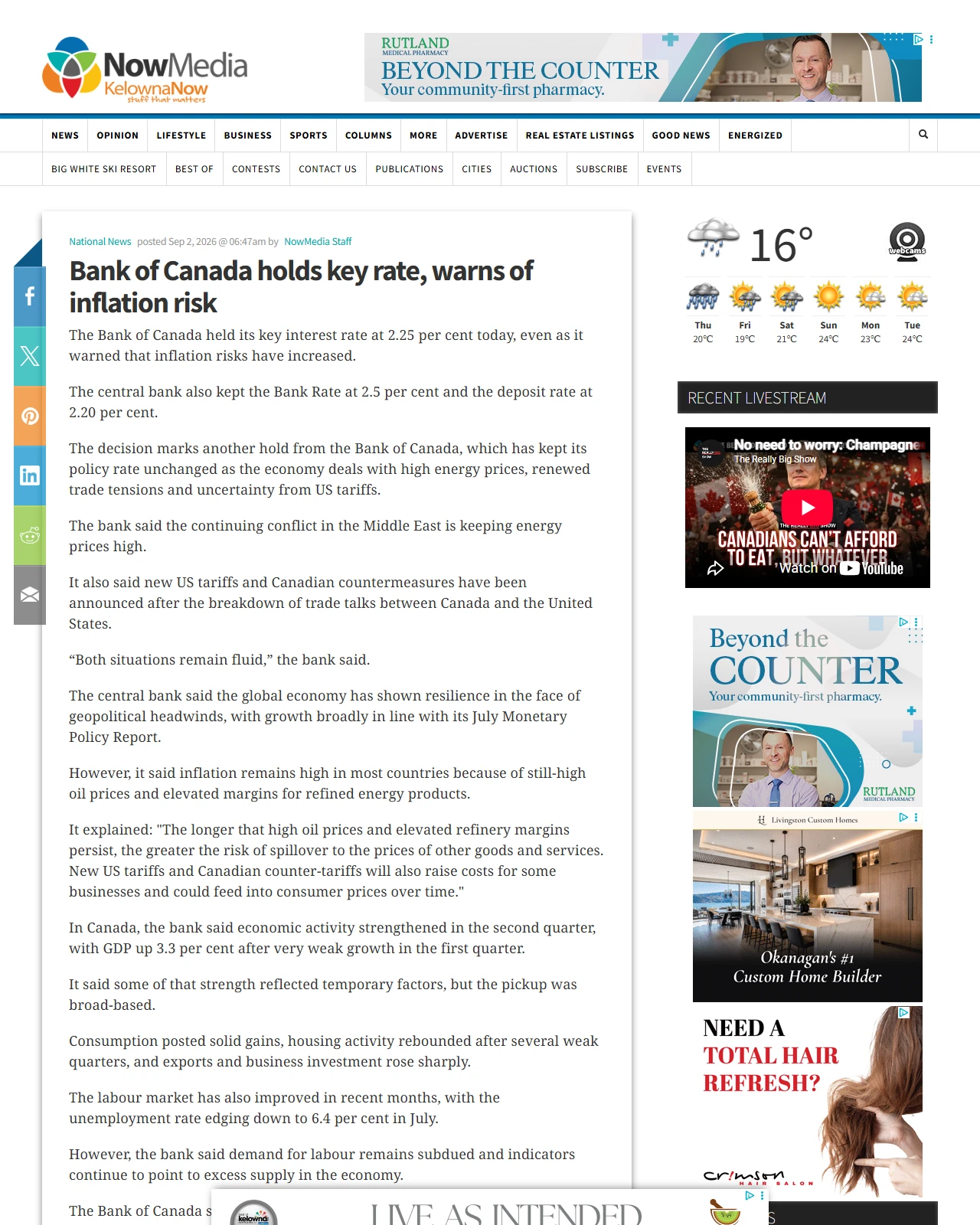 kelownanow.com as published: Bank of Canada holds key rate, warns of inflation risk