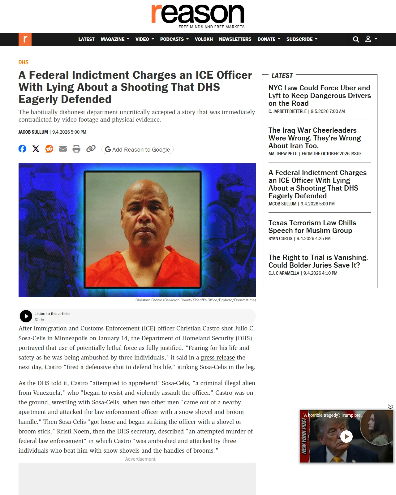 reason.com as published: A Federal Indictment Charges an ICE Officer With Lying About a Shooting That DHS Eagerly Defended
