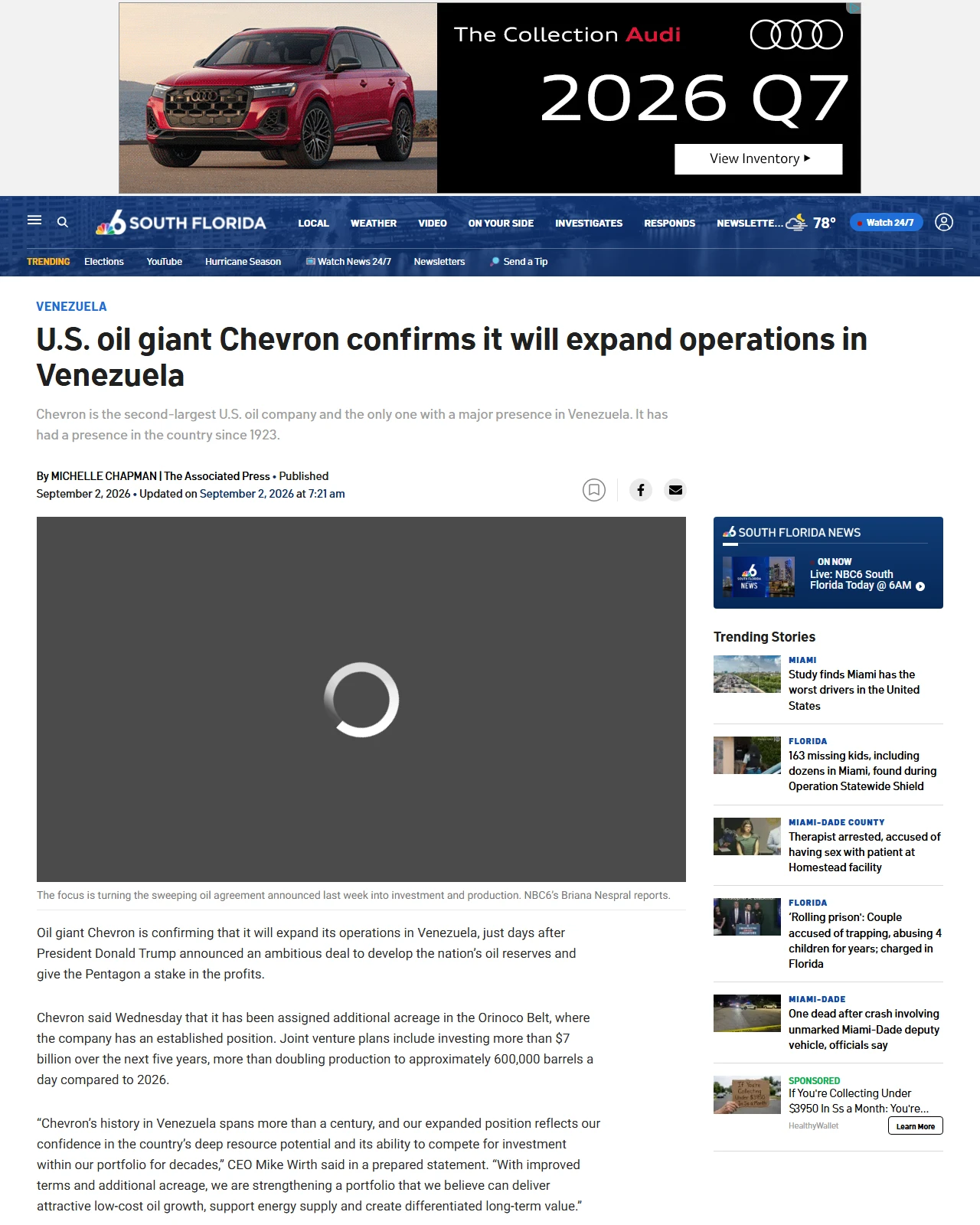 nbcmiami.com as published: U.S. oil giant Chevron confirms it will expand operations in Venezuela
